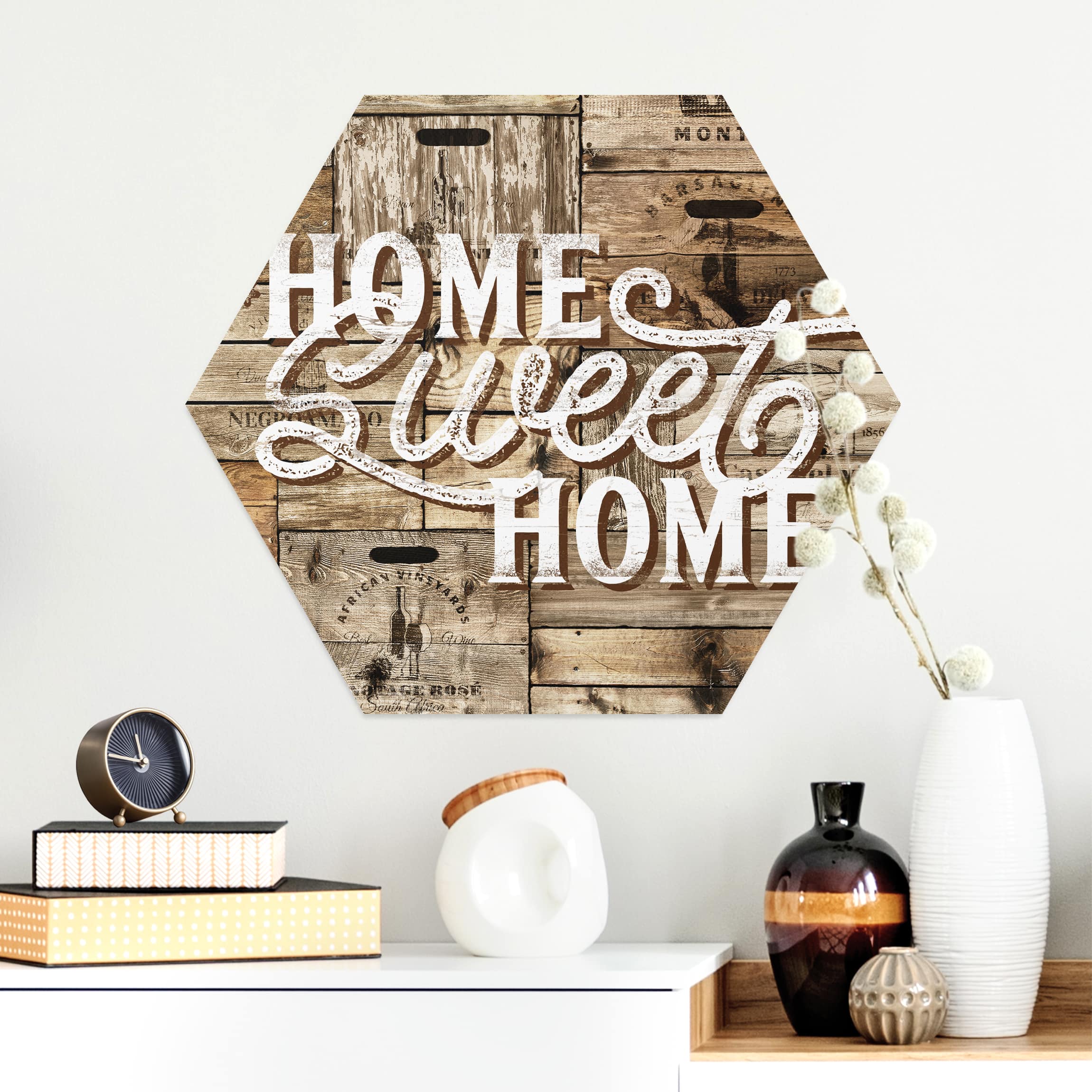 Hexagon-Alu-Dibond Bild Home sweet Home Holzwand