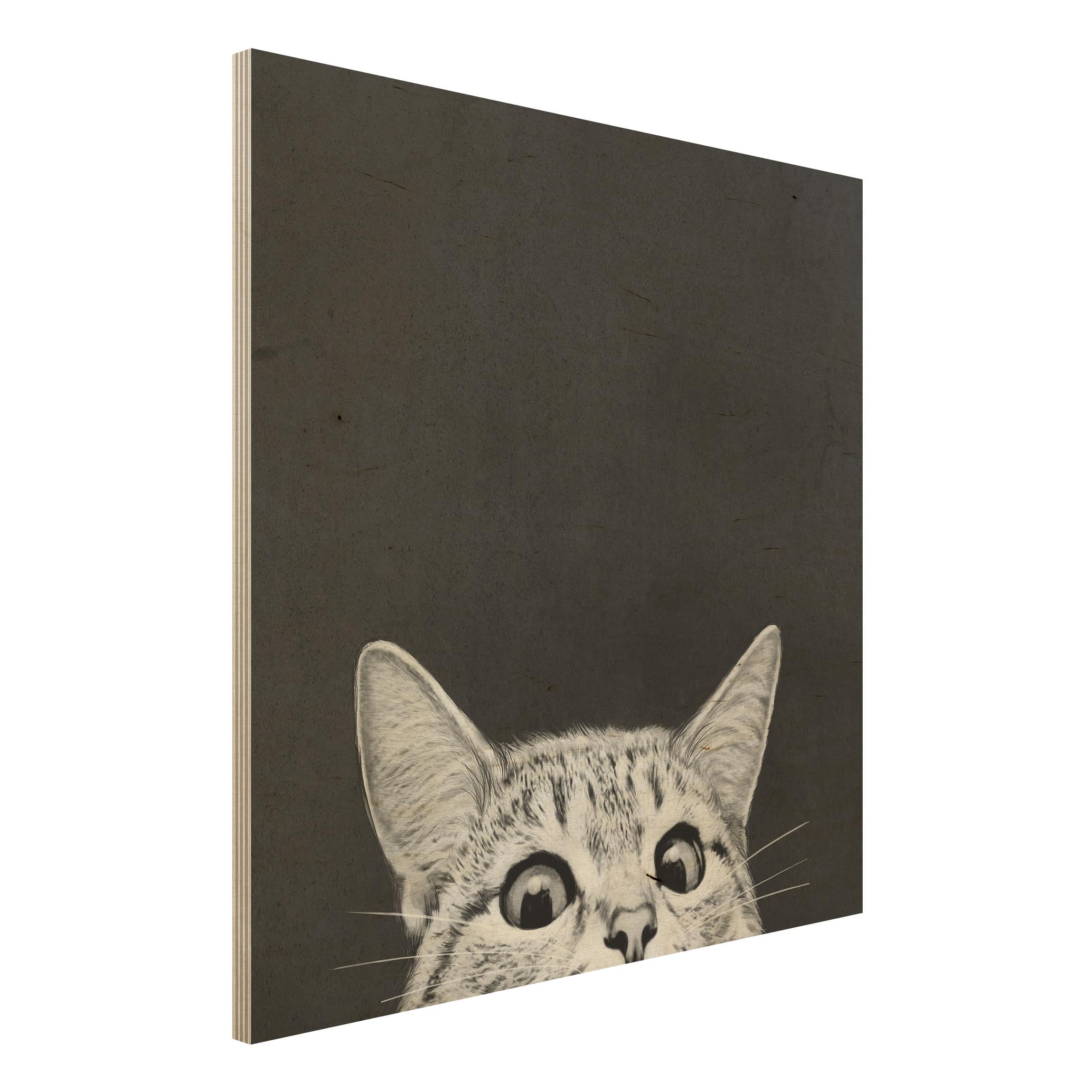 Holzbild - Quadrat Illustration Katze Schwarz Weiß Zeichnung
