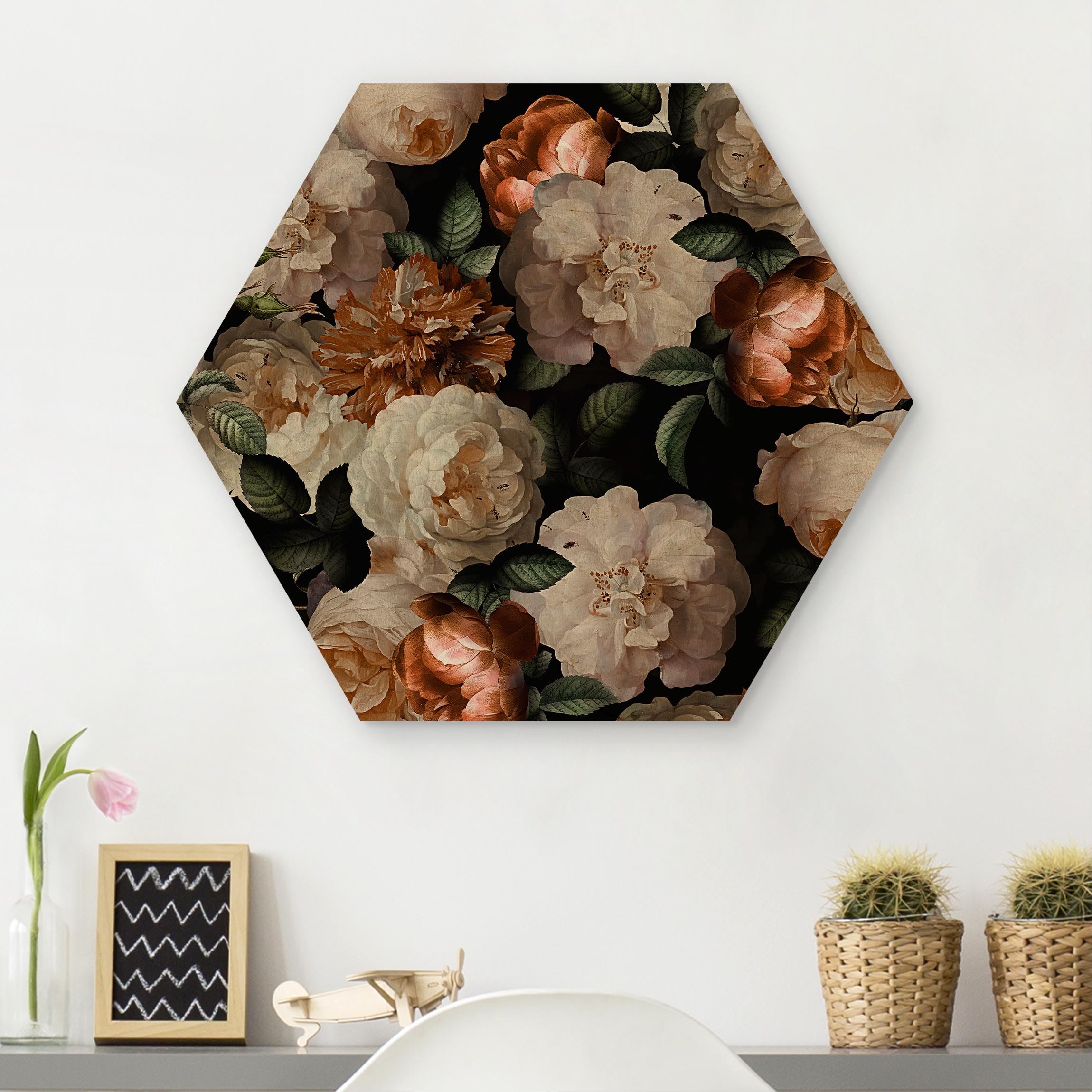 Hexagon-Holzbild Rote Rosen mit Weißen Rosen