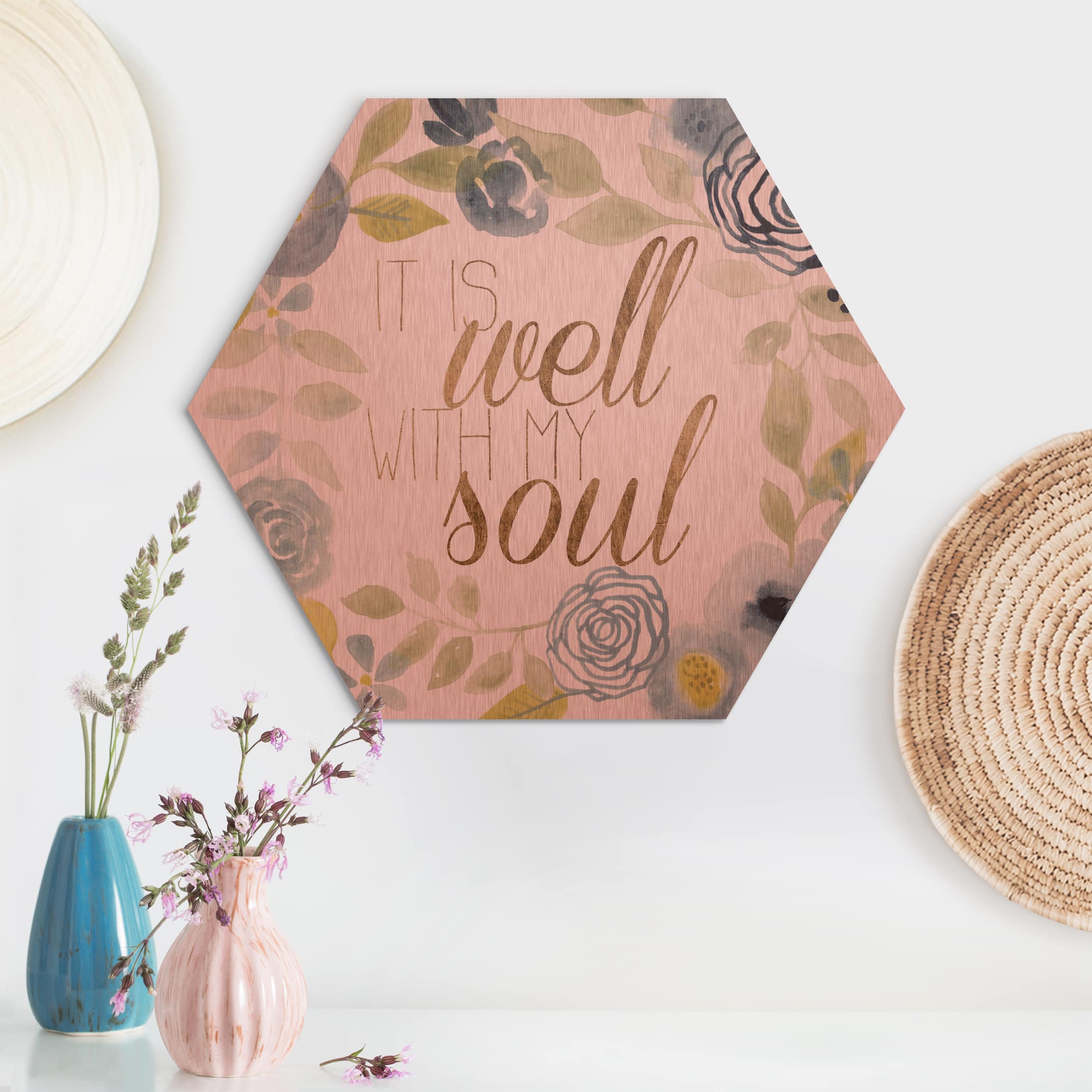 Hexagon-Alu-Dibond Bild Blumenkranz mit Spruch - Soul