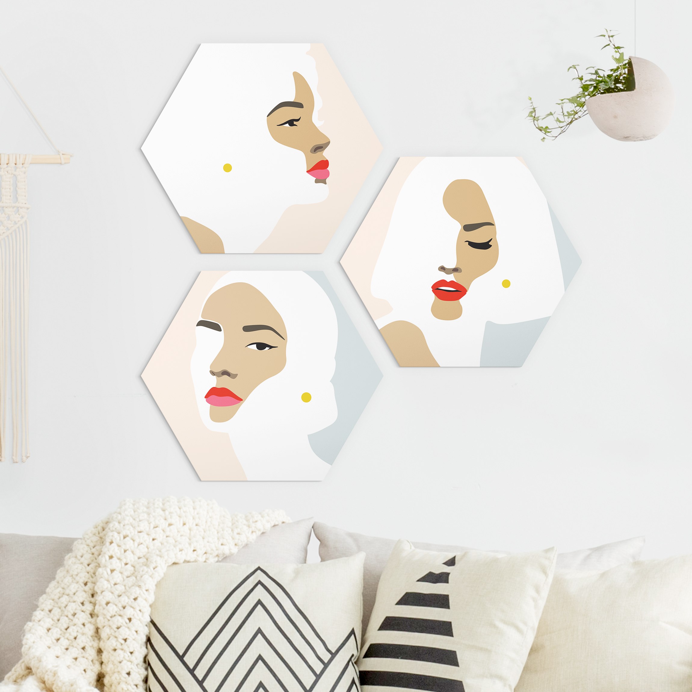 3-teiliges Hexagon-Forexbild Line Art Portrait Frauen Pastell Set