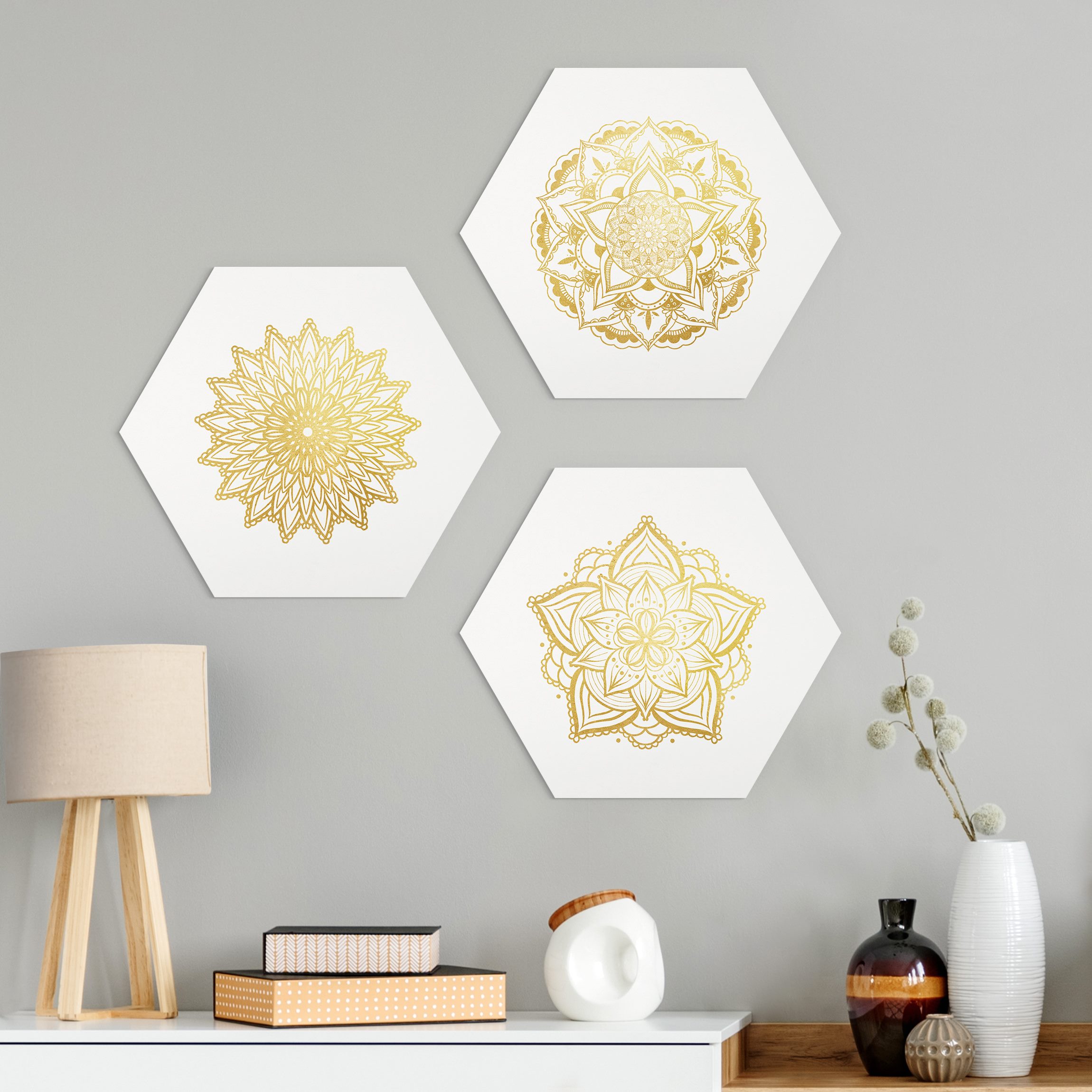 3-teiliges Hexagon-Alu-Dibond Bild Mandala Blüte Sonne Illustration Set Gold