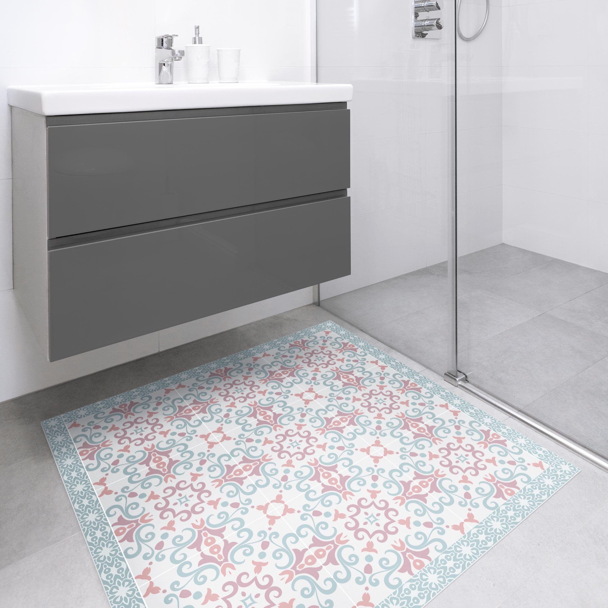 Vinylteppich Florale Fliesen Blauviolette Folklore mit Bordüre