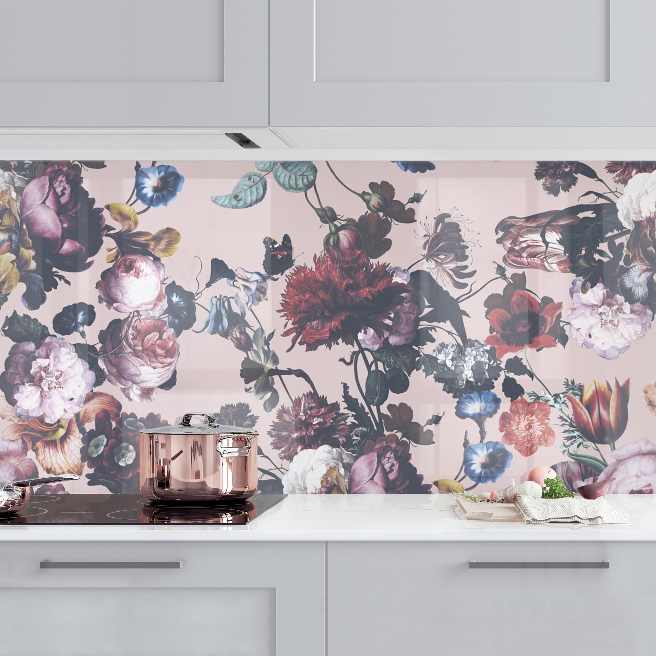 Küchenrückwand Altmeisterliche Blüten mit Tulpen und Rosen auf Rosa