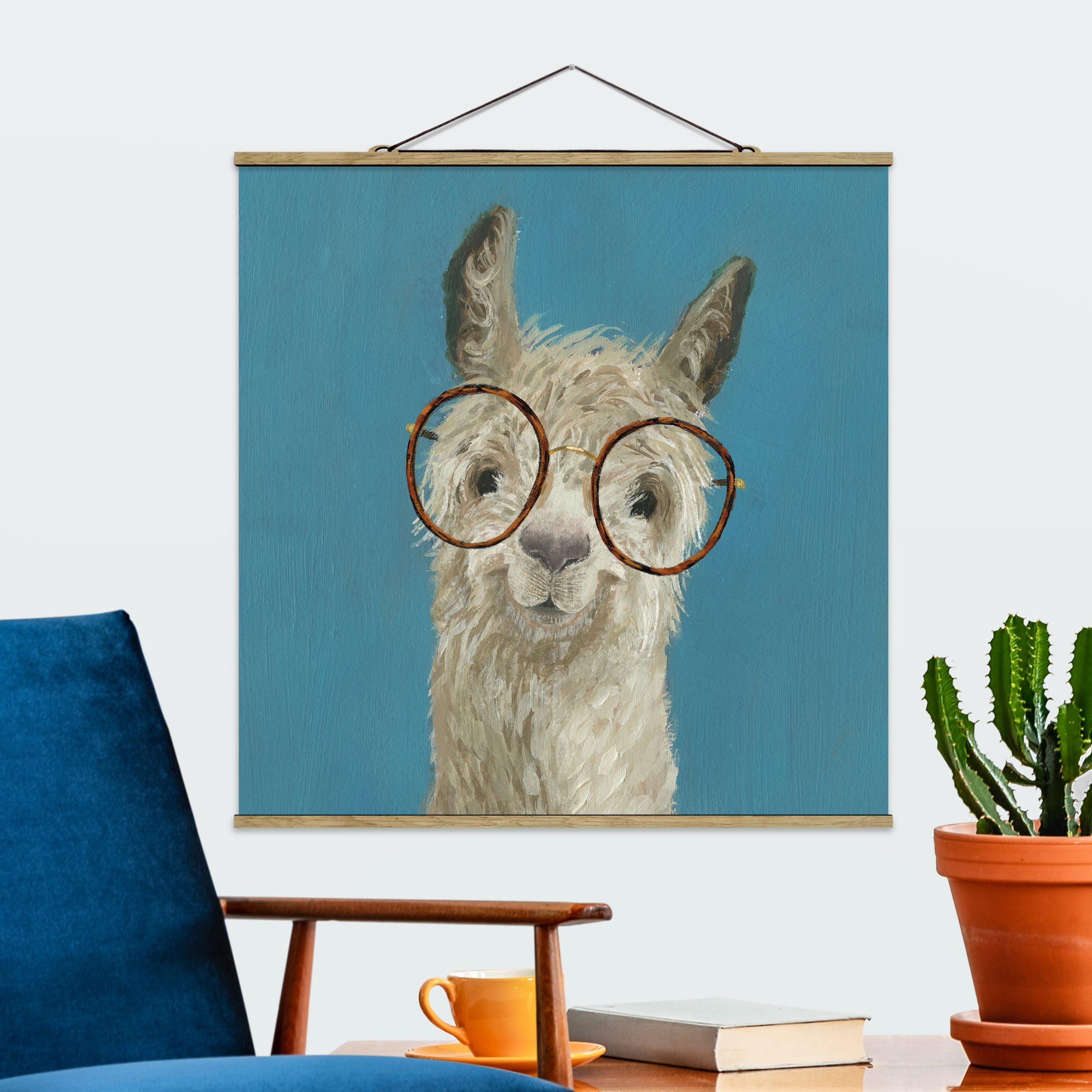 Stoffbild mit Posterleisten Lama mit Brille I