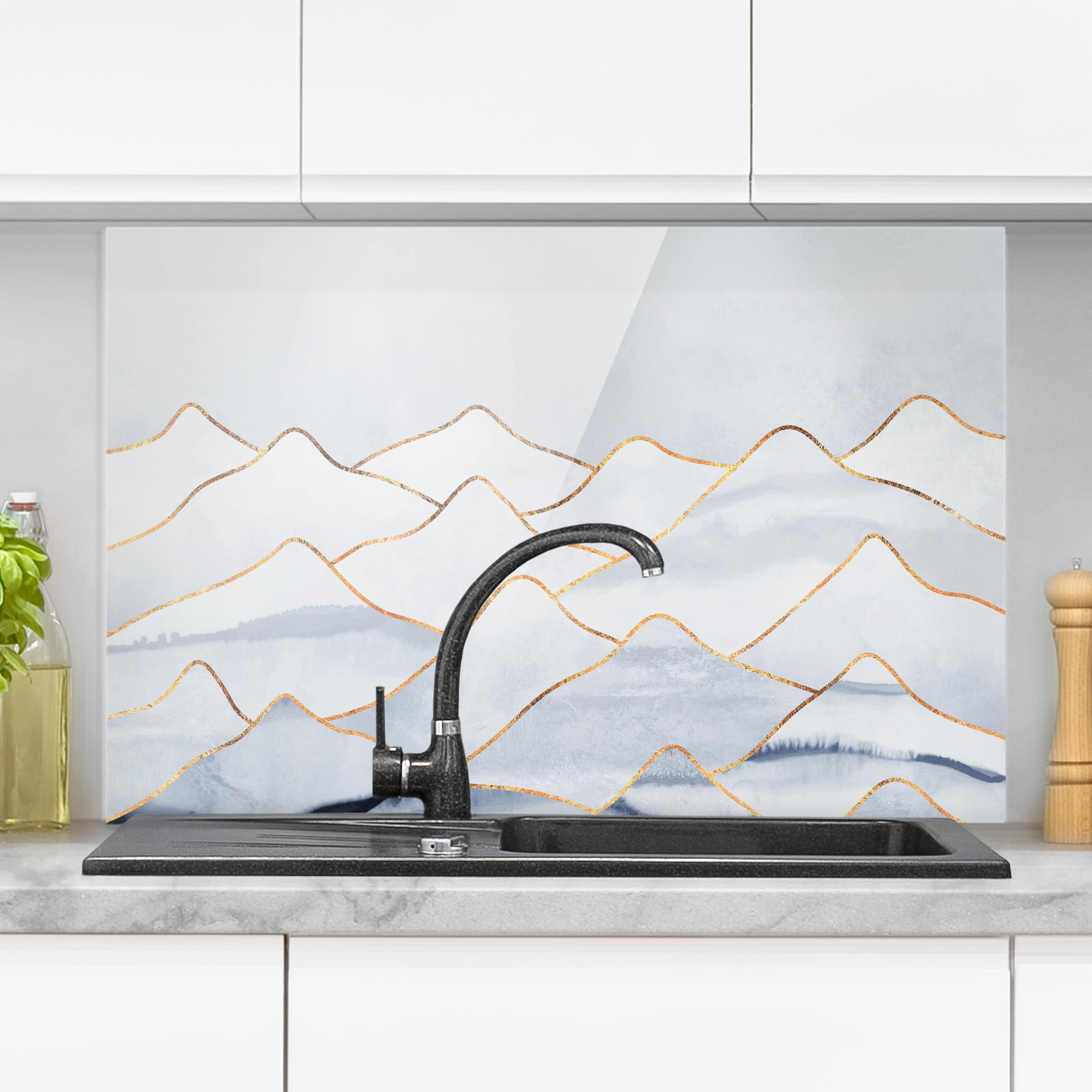 Glas Spritzschutz - Querformat 3:2 Aquarell Berge Weiß Gold