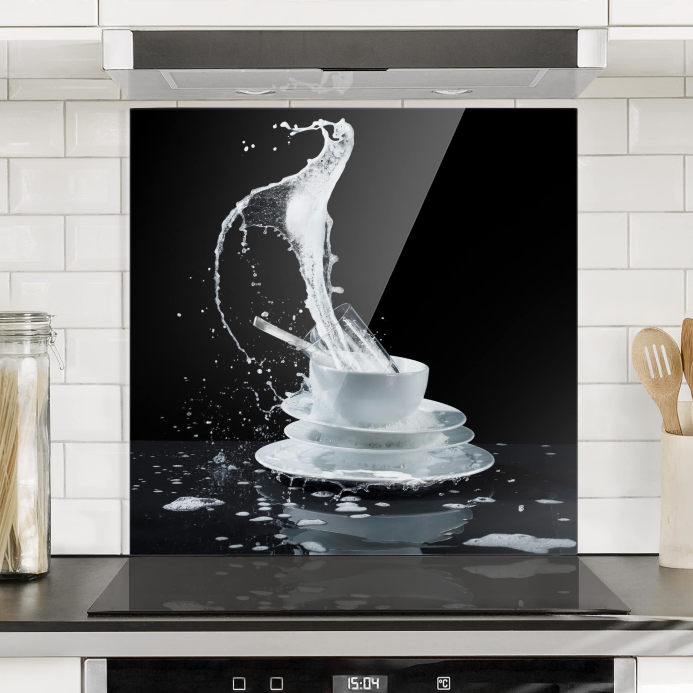 Glas Spritzschutz Geschirr mit Spülmittel-Splash