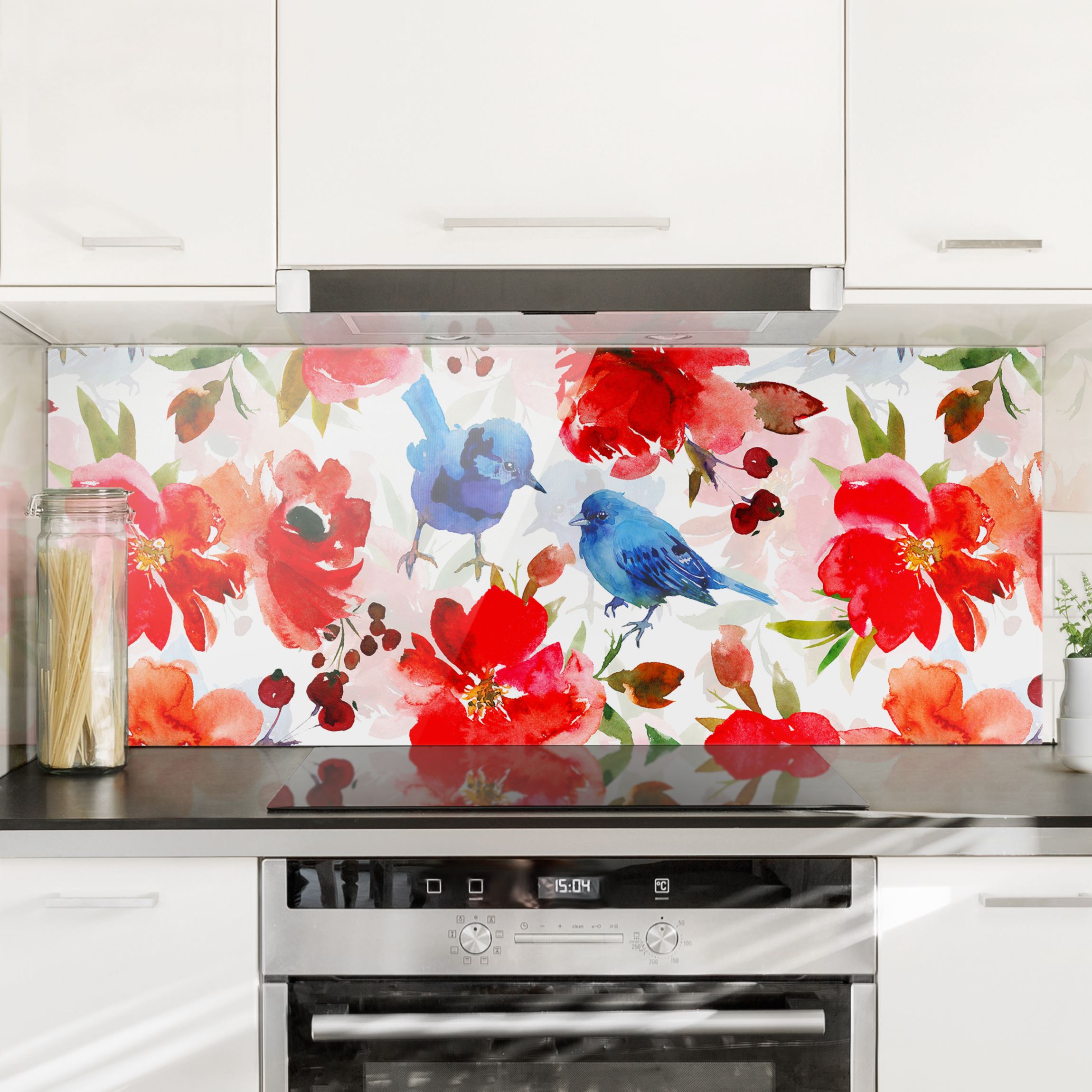 Spritzschutz Aquarellierte Vögel in Blau mit Rosen