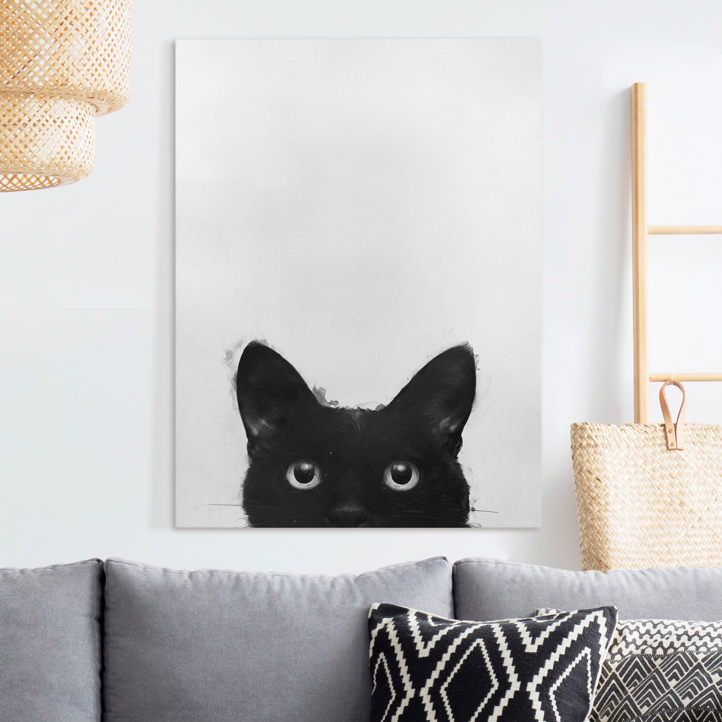 Leinwandbild Illustration Schwarze Katze auf Weiß Malerei