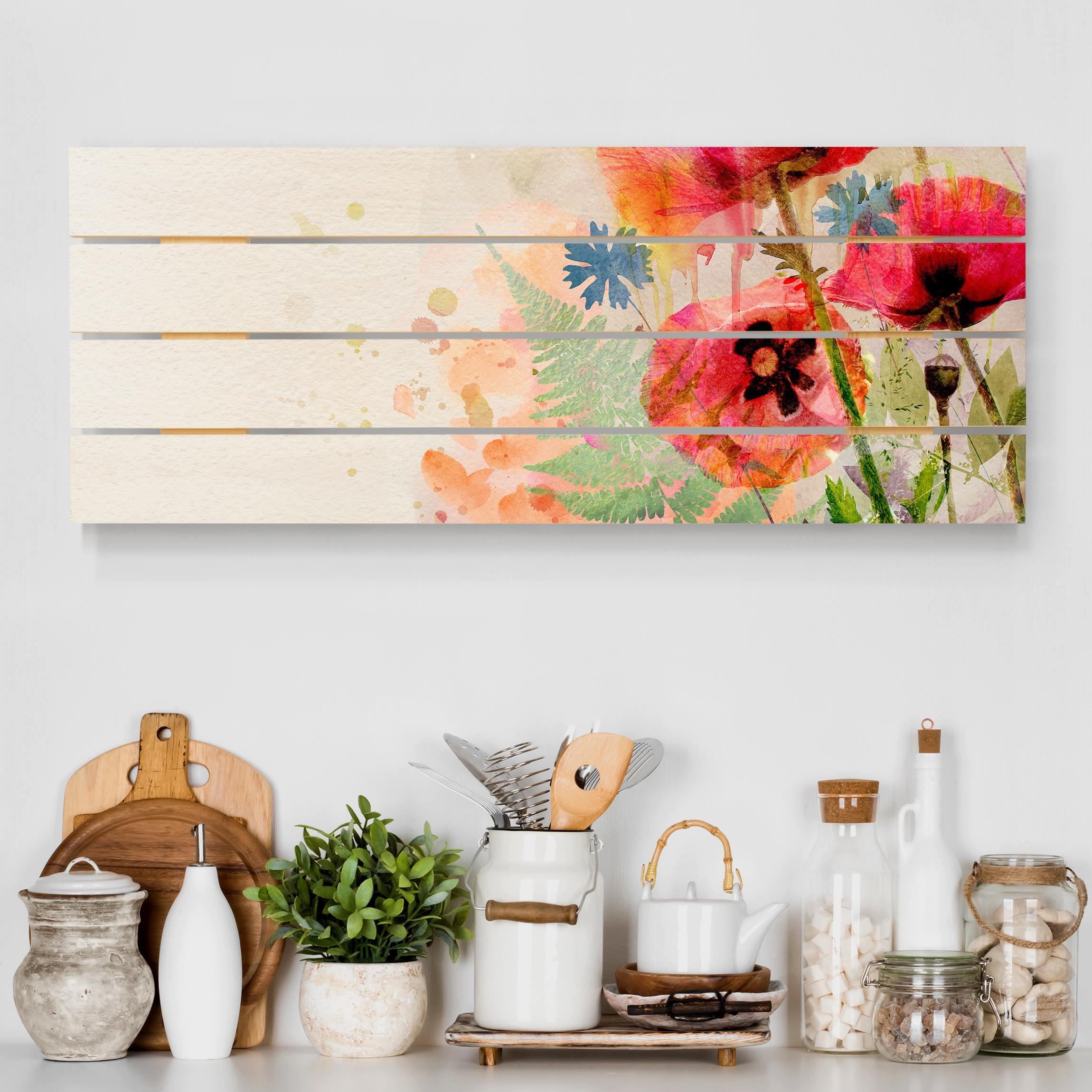 Holzbild Plankenoptik - Panorama Aquarell Blumen Mohn