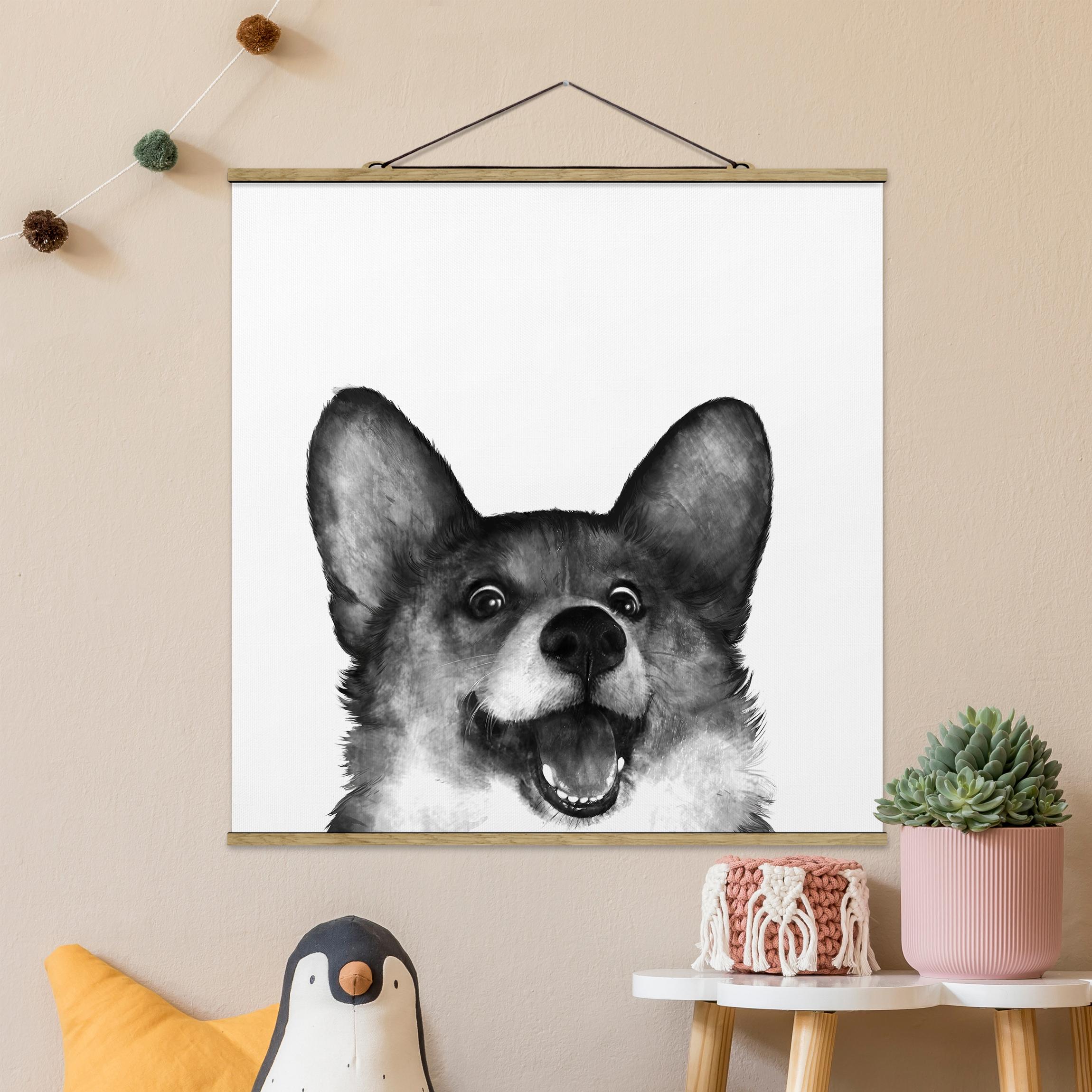 Stoffbild - Quadrat Illustration Hund Corgi Weiß Schwarz Malerei