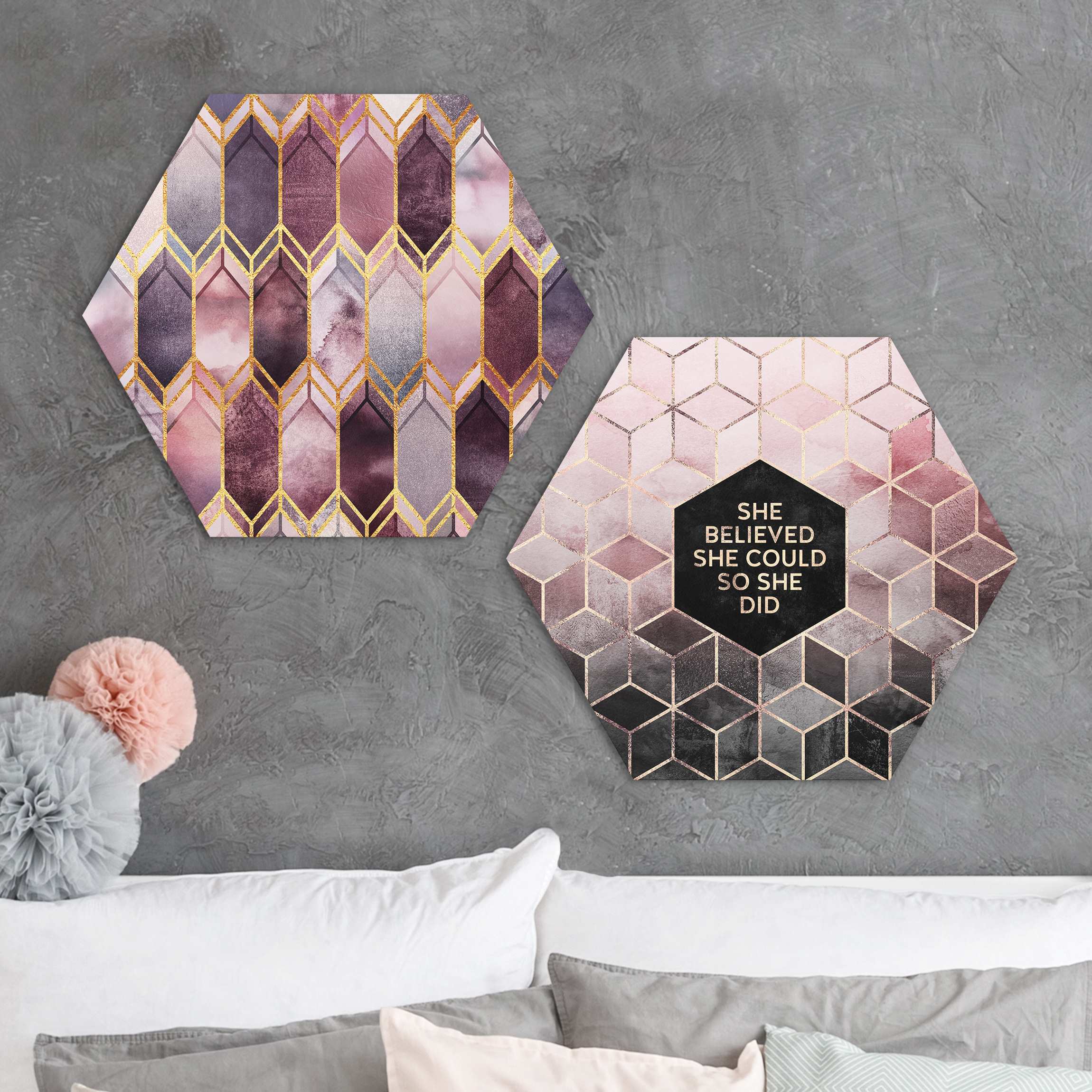 2-teiliges Hexagon-Alu-Dibond Bild She Believed Art Deco Set Rosé Gold Set I