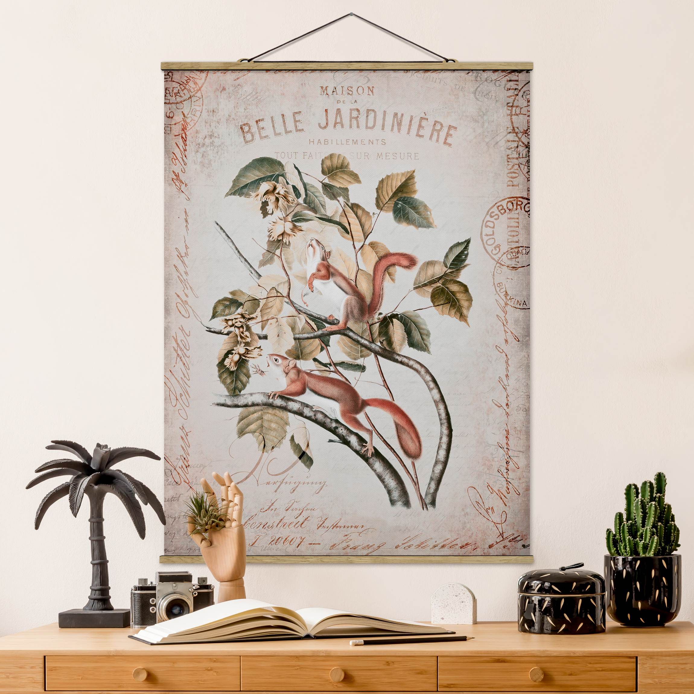 Stoffbild mit Posterleisten Shabby Chic Collage - Eichhörnchen