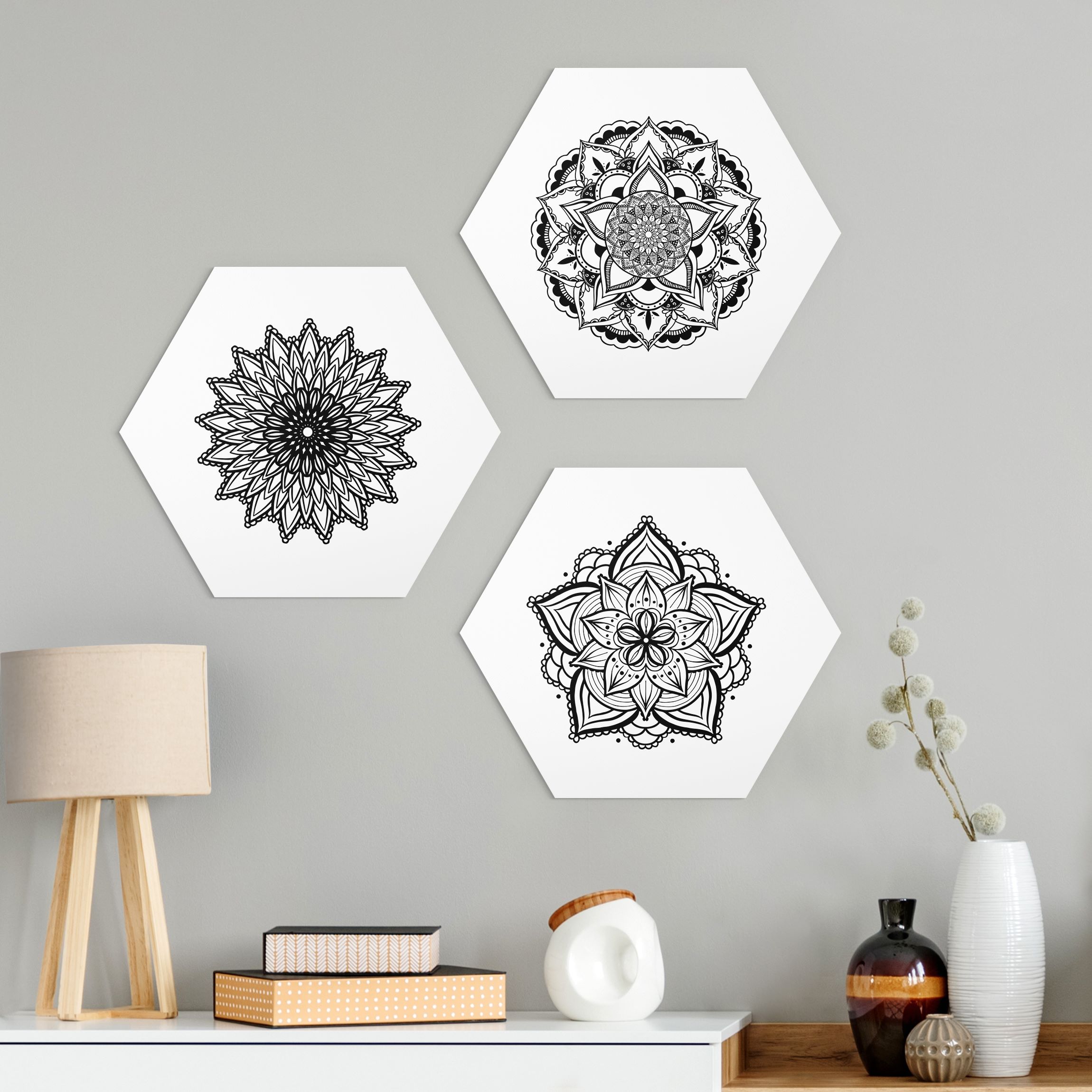 3-teiliges Hexagon-Alu-Dibond Bild Mandala Blüte Sonne Illustration Set Schwarz Weiß