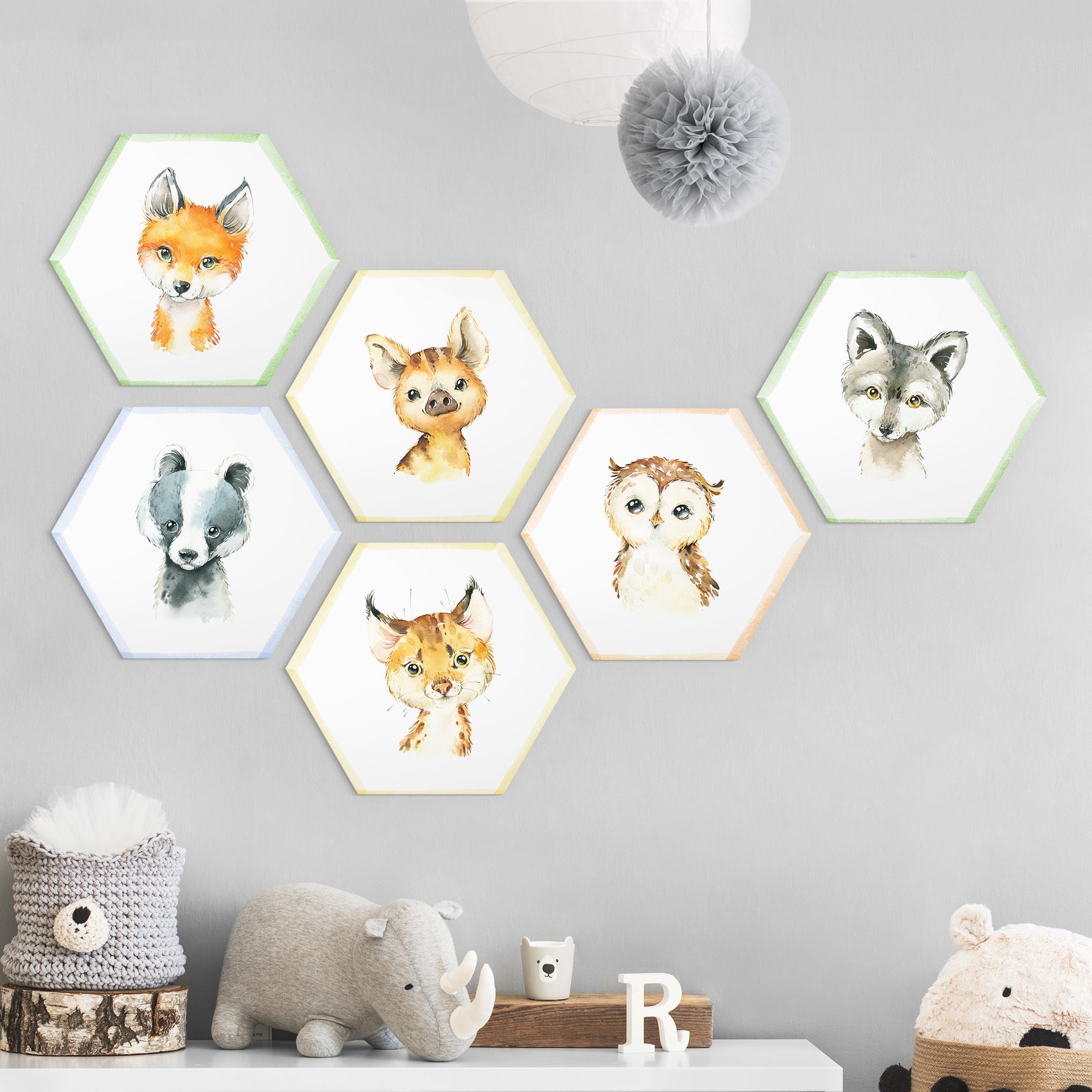 6-teiliges Hexagon-Alu-Dibond Bild Aquarell Waldtiere Set V