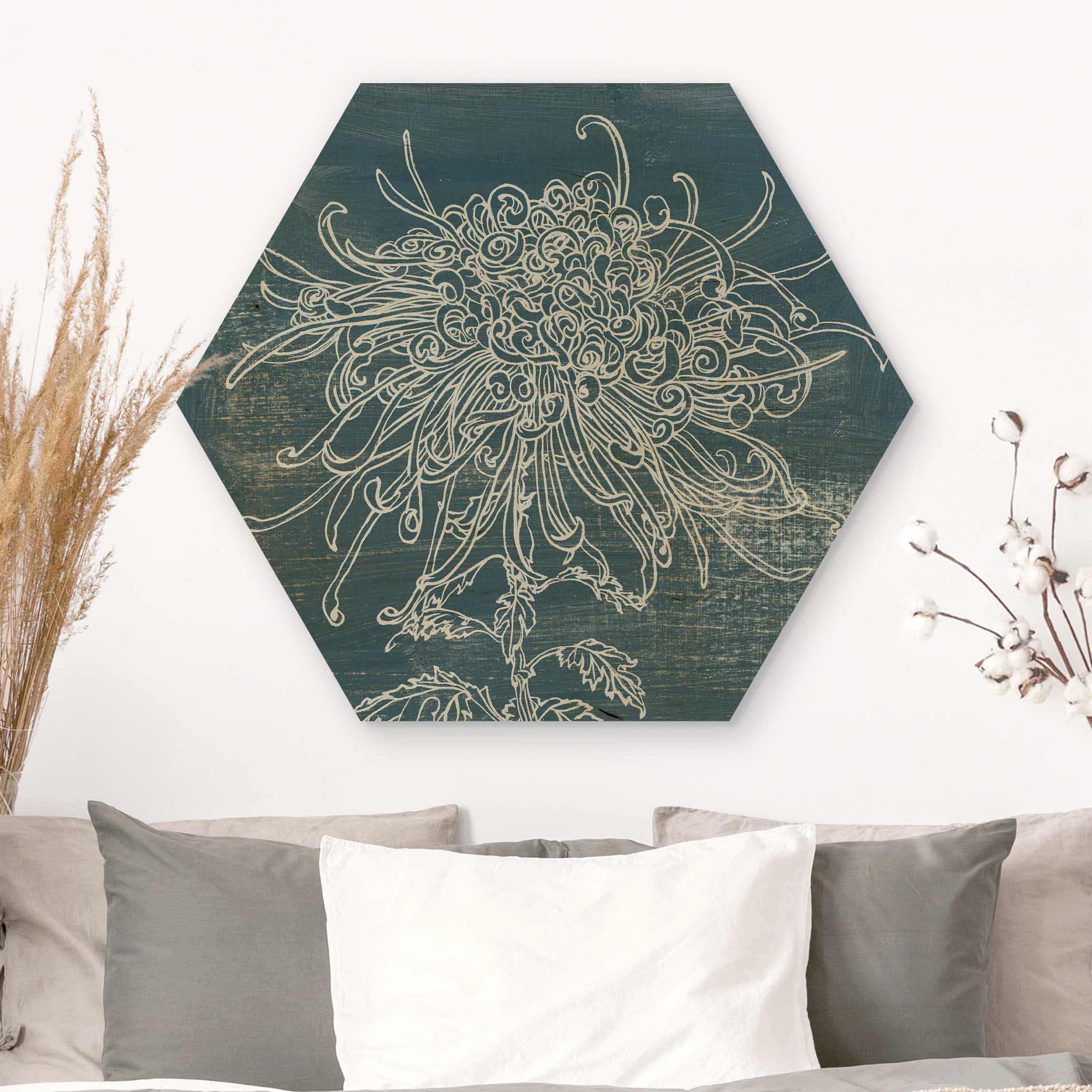 Hexagon-Holzbild Indigo-Pflanzen I