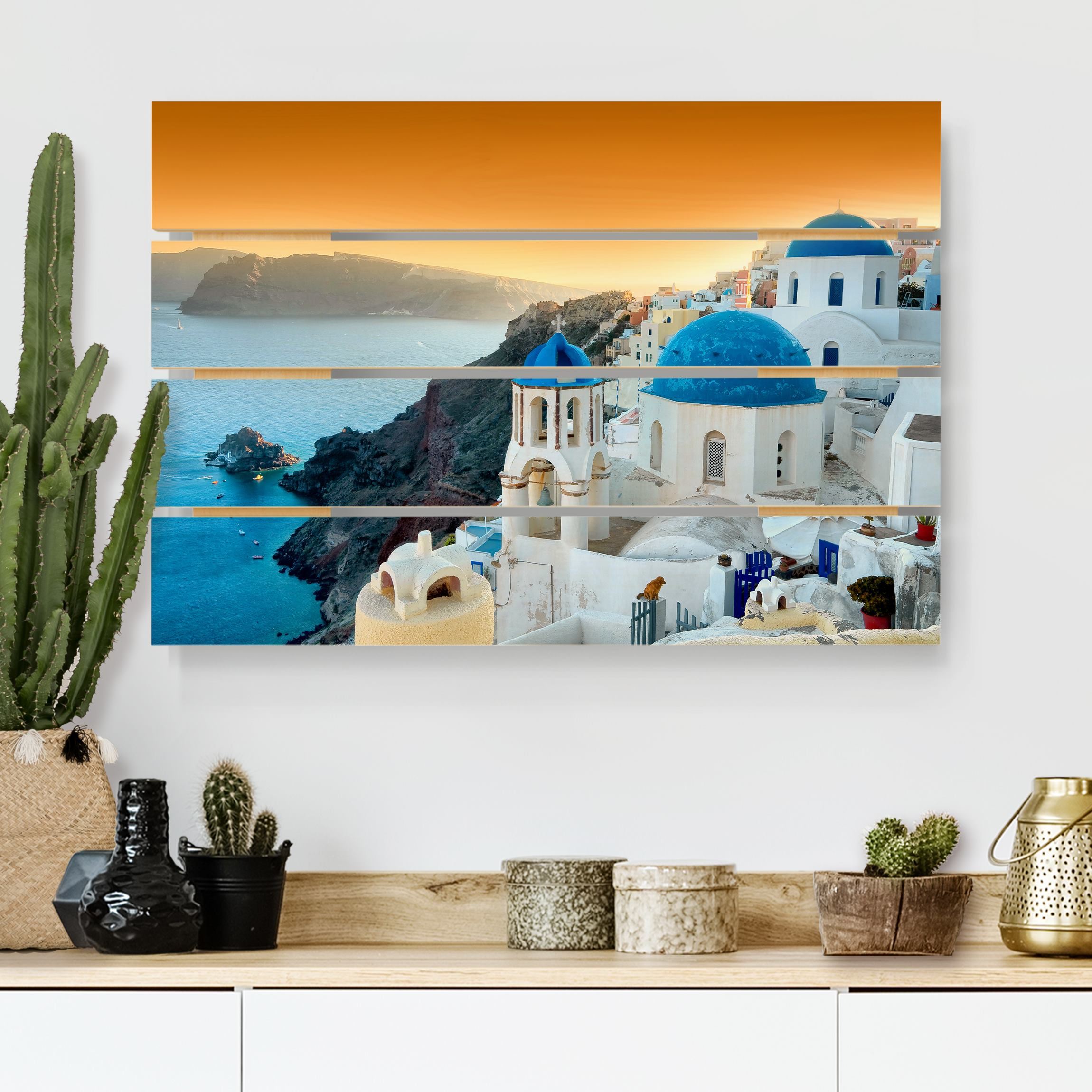 Holzbild Plankenoptik - Querformat Sonnenuntergang über Santorin