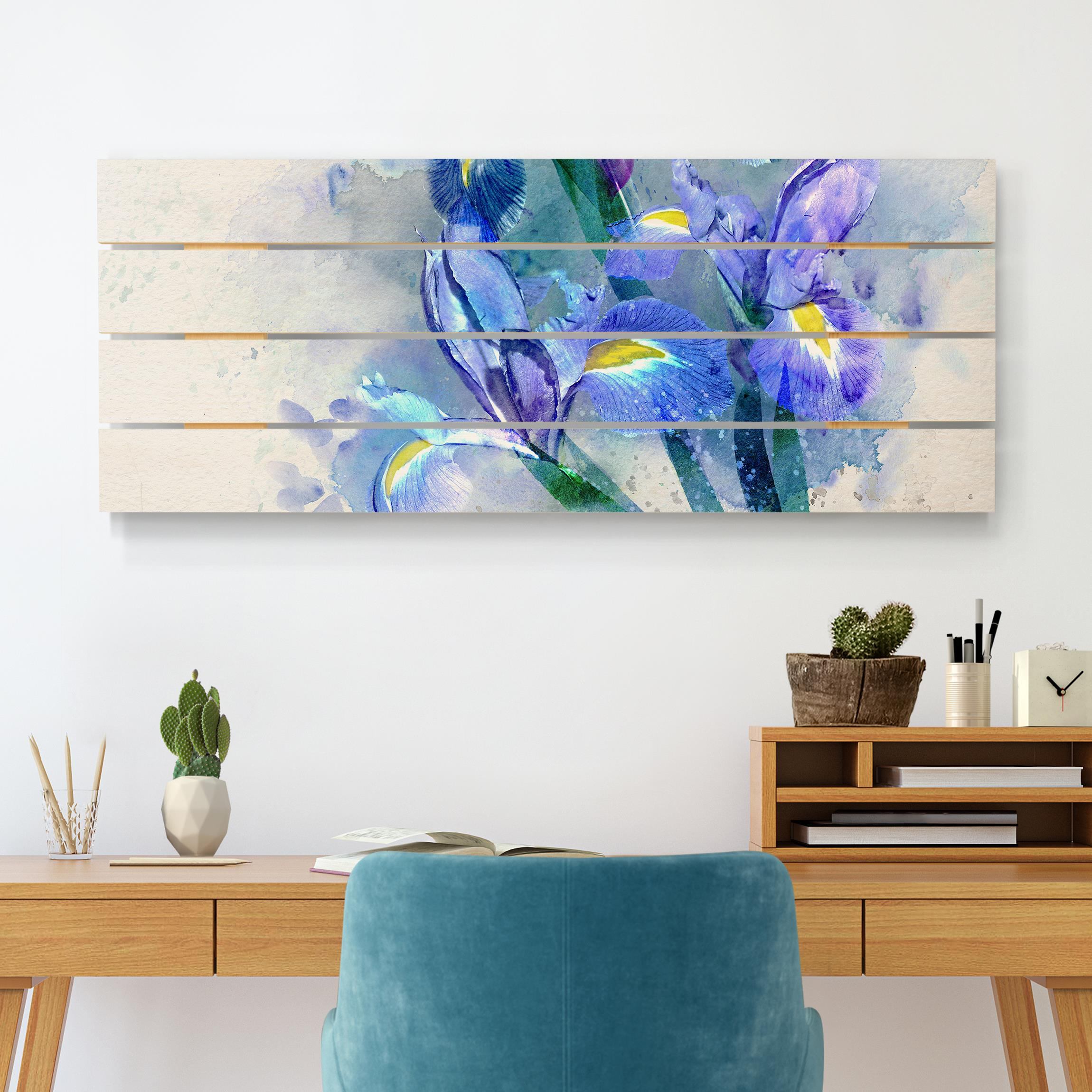 Holzbild Plankenoptik - Panorama Aquarell Blumen Iris