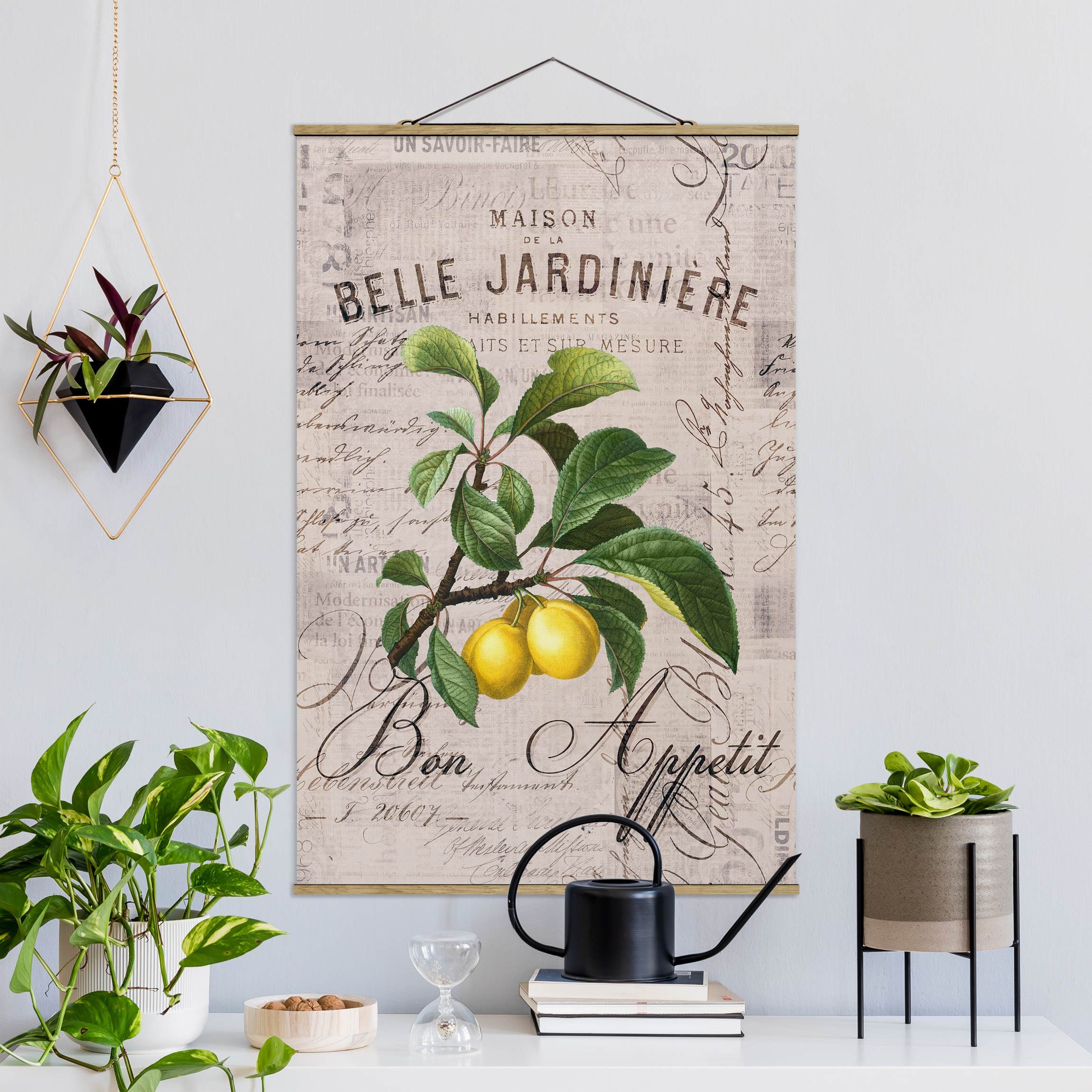 Stoffbild mit Posterleisten Shabby Chic Collage - Pflaumen