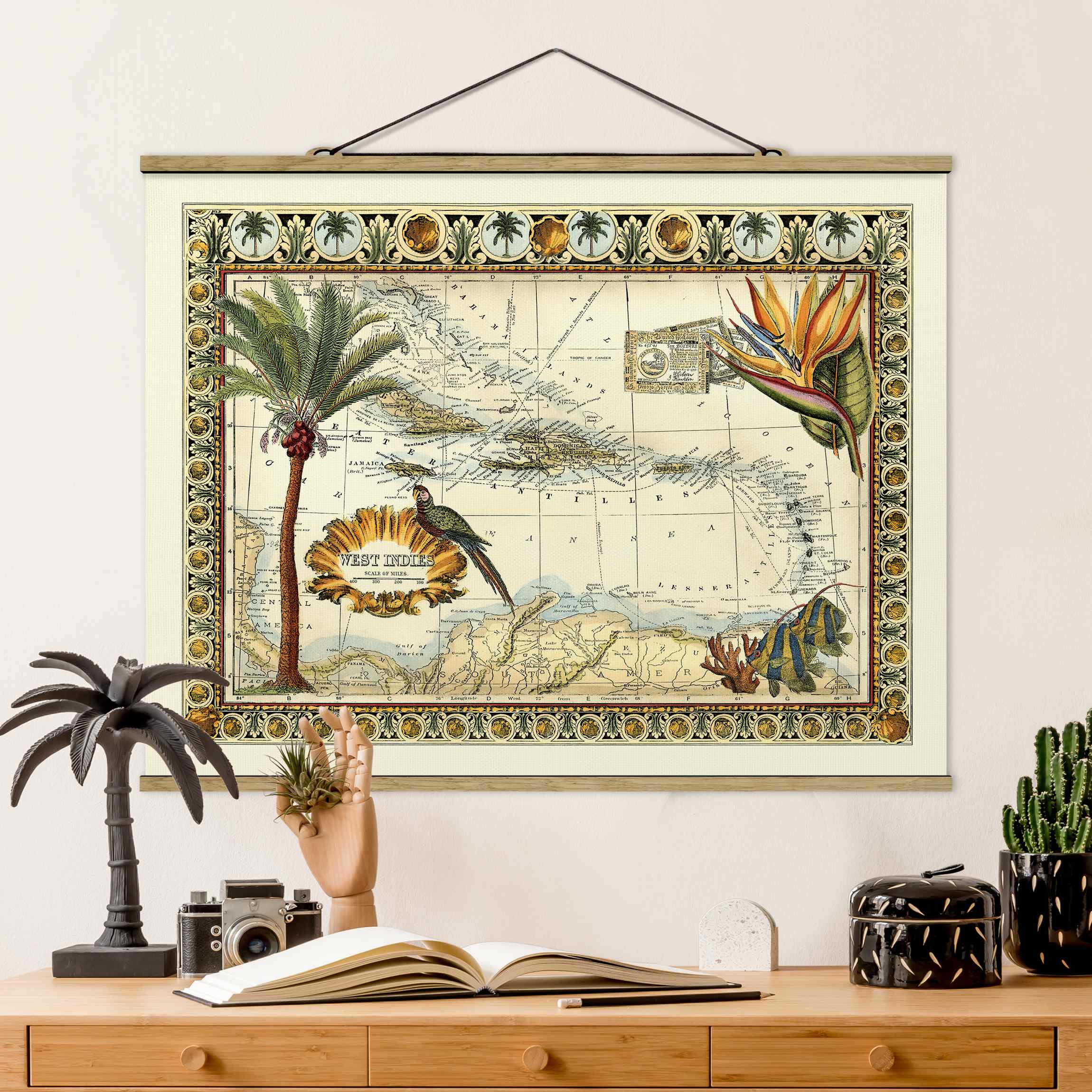 Stoffbild mit Posterleisten Vintage Tropische Landkarte West Indien