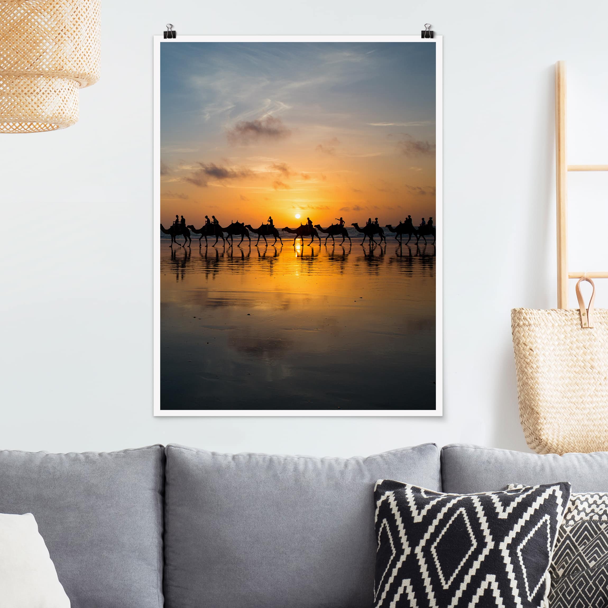 Poster Tiere Kamele im Sonnenuntergang