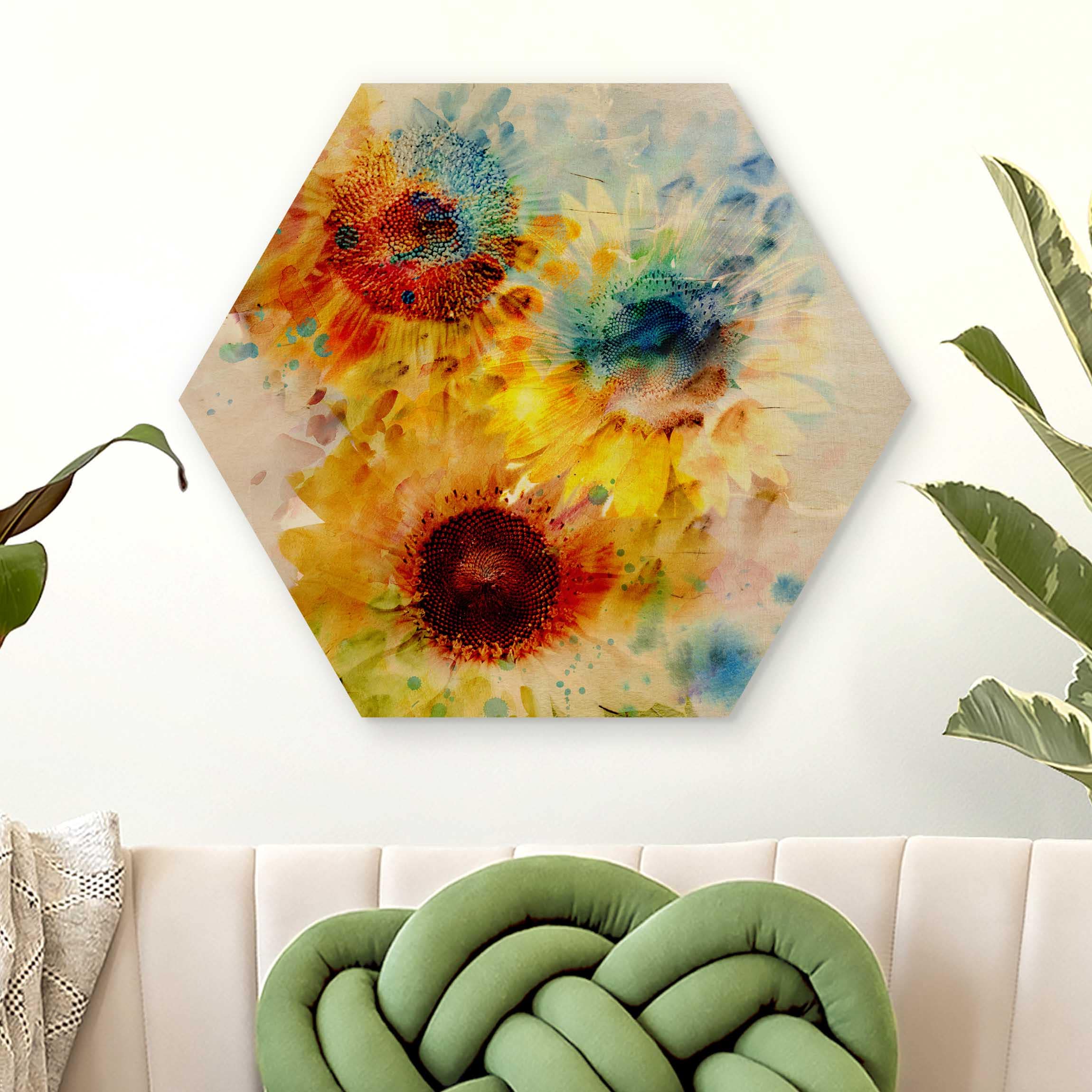 Hexagon-Holzbild Aquarell Blumen Sonnenblumen