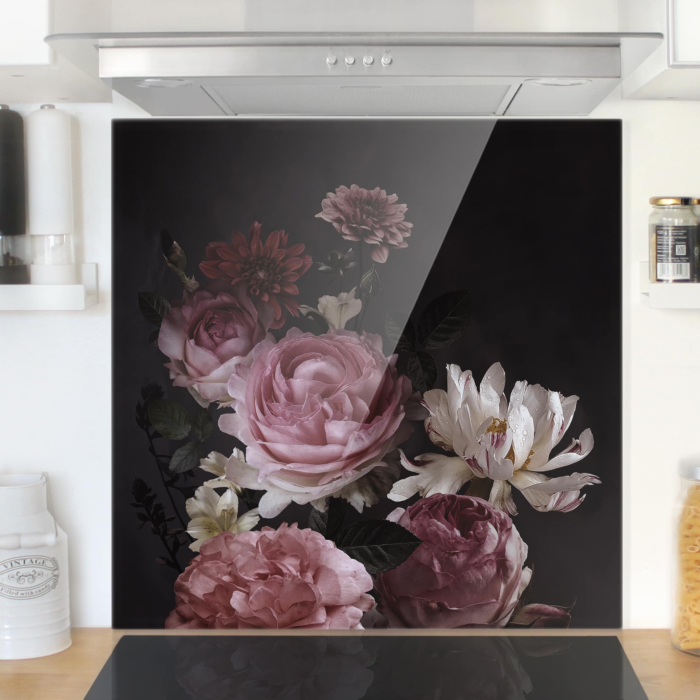 Spritzschutz Rosa Blumen auf Schwarz