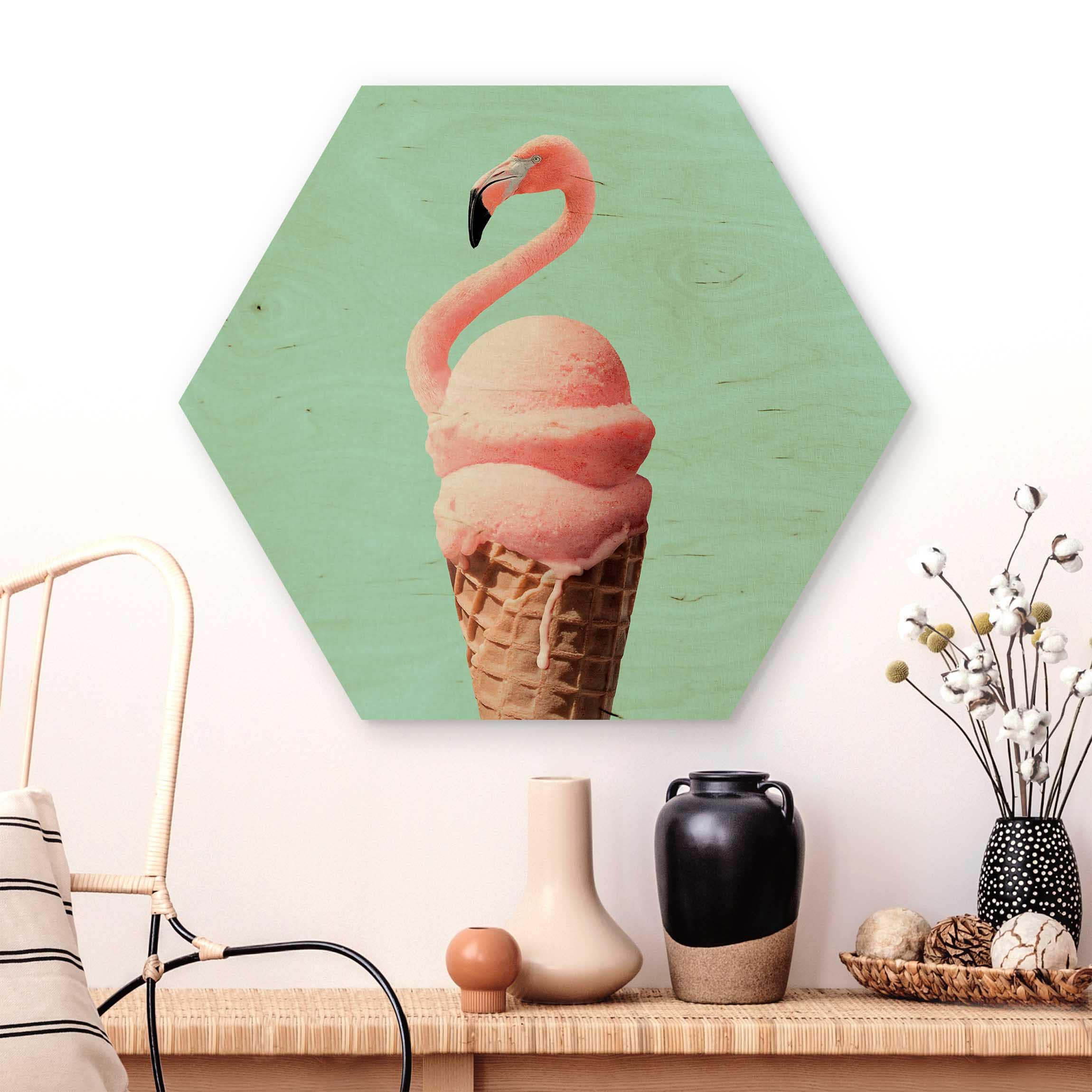 Hexagon-Holzbild Eis mit Flamingo