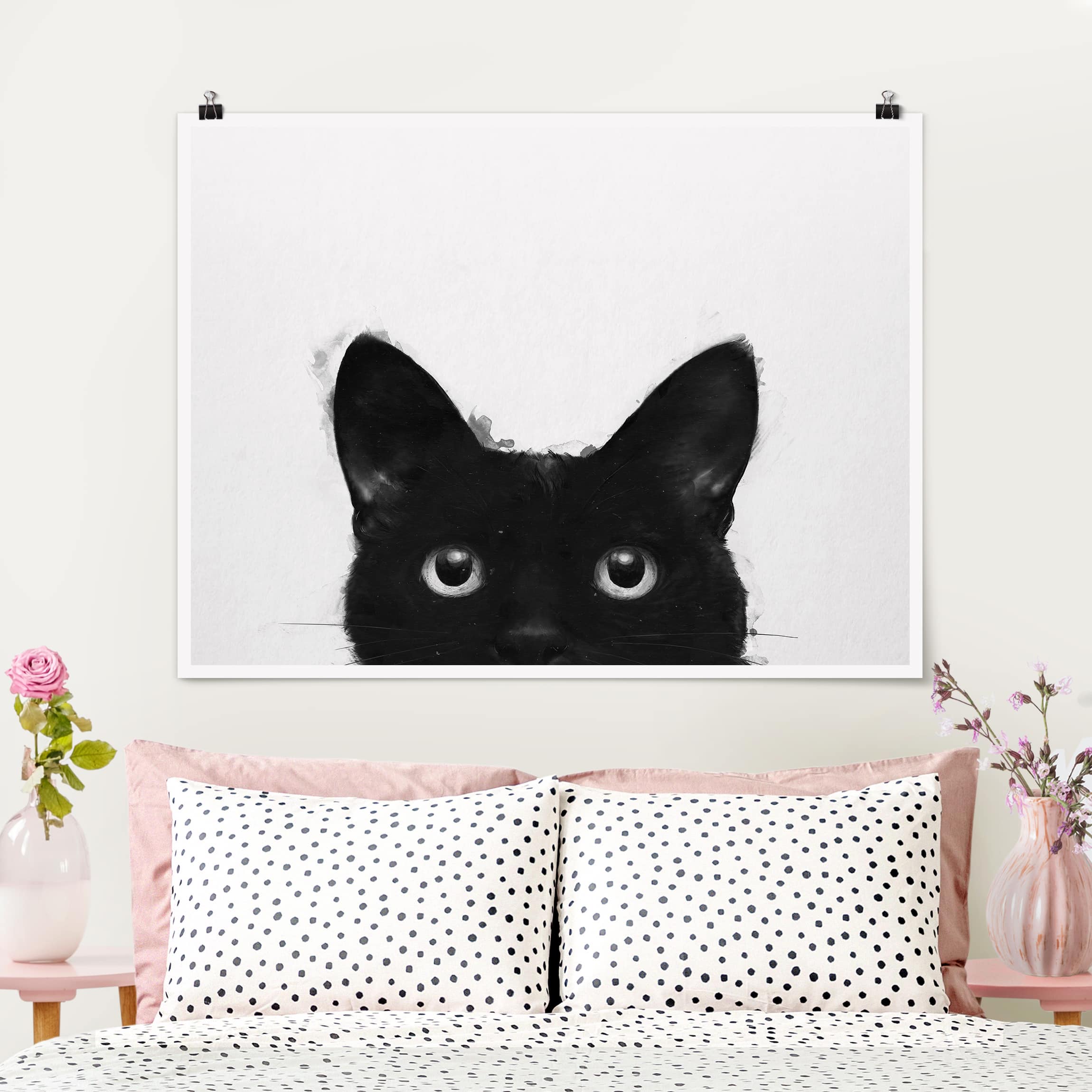 Poster - Querformat Illustration Schwarze Katze auf Weiß Malerei