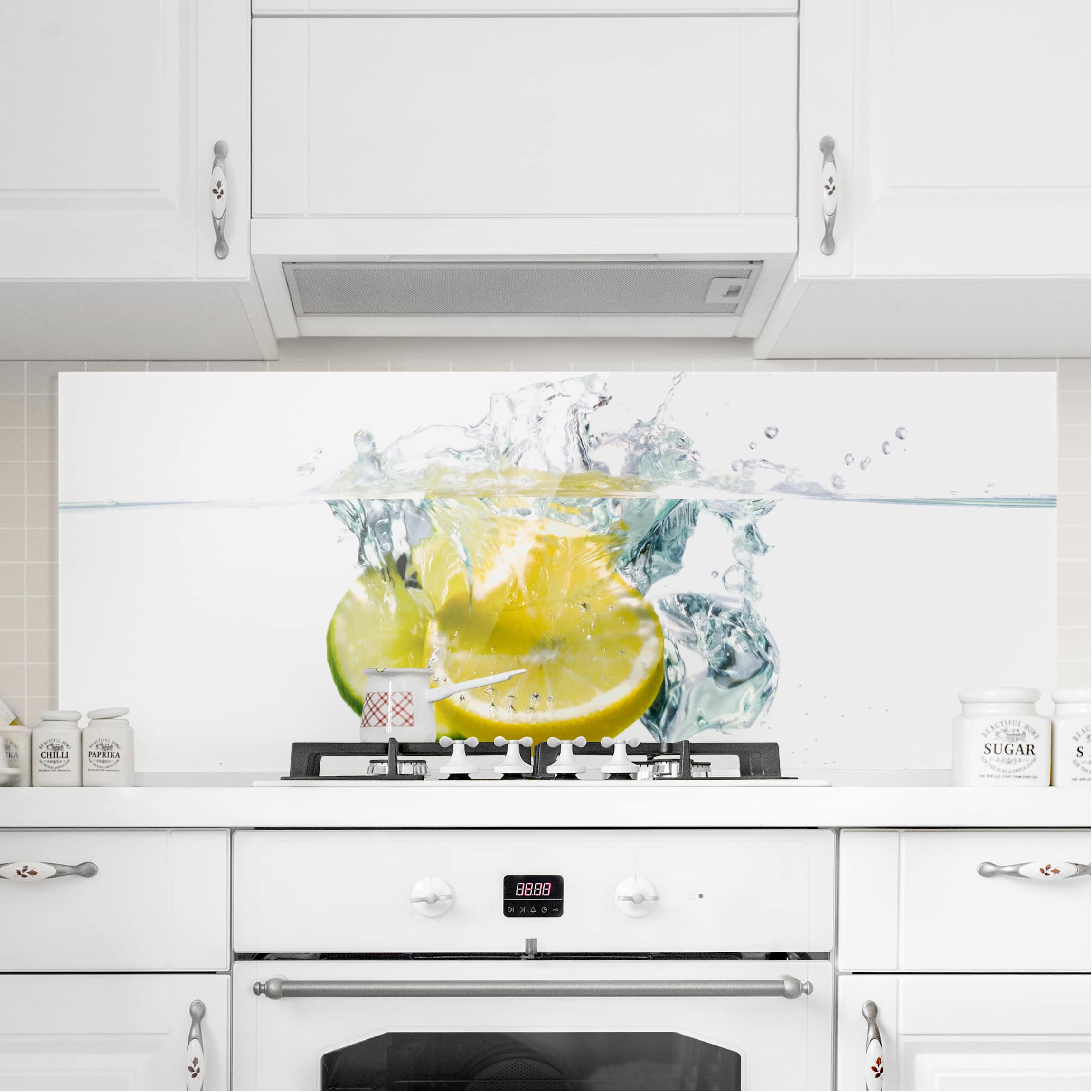 Glas Spritzschutz Zitrone und Limette im Wasser