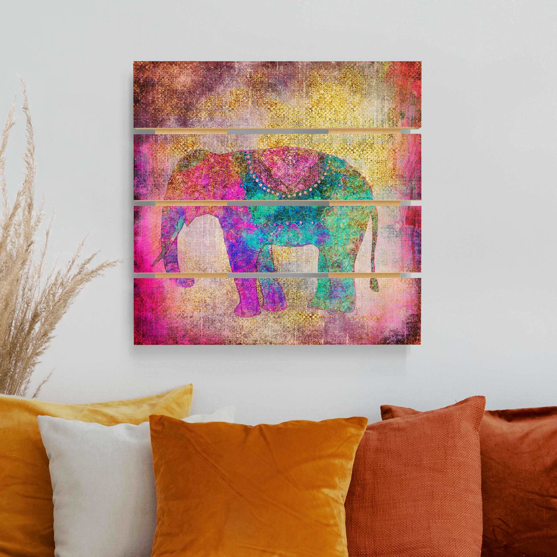 Holzbild Plankenoptik Bunte Collage - Indischer Elefant