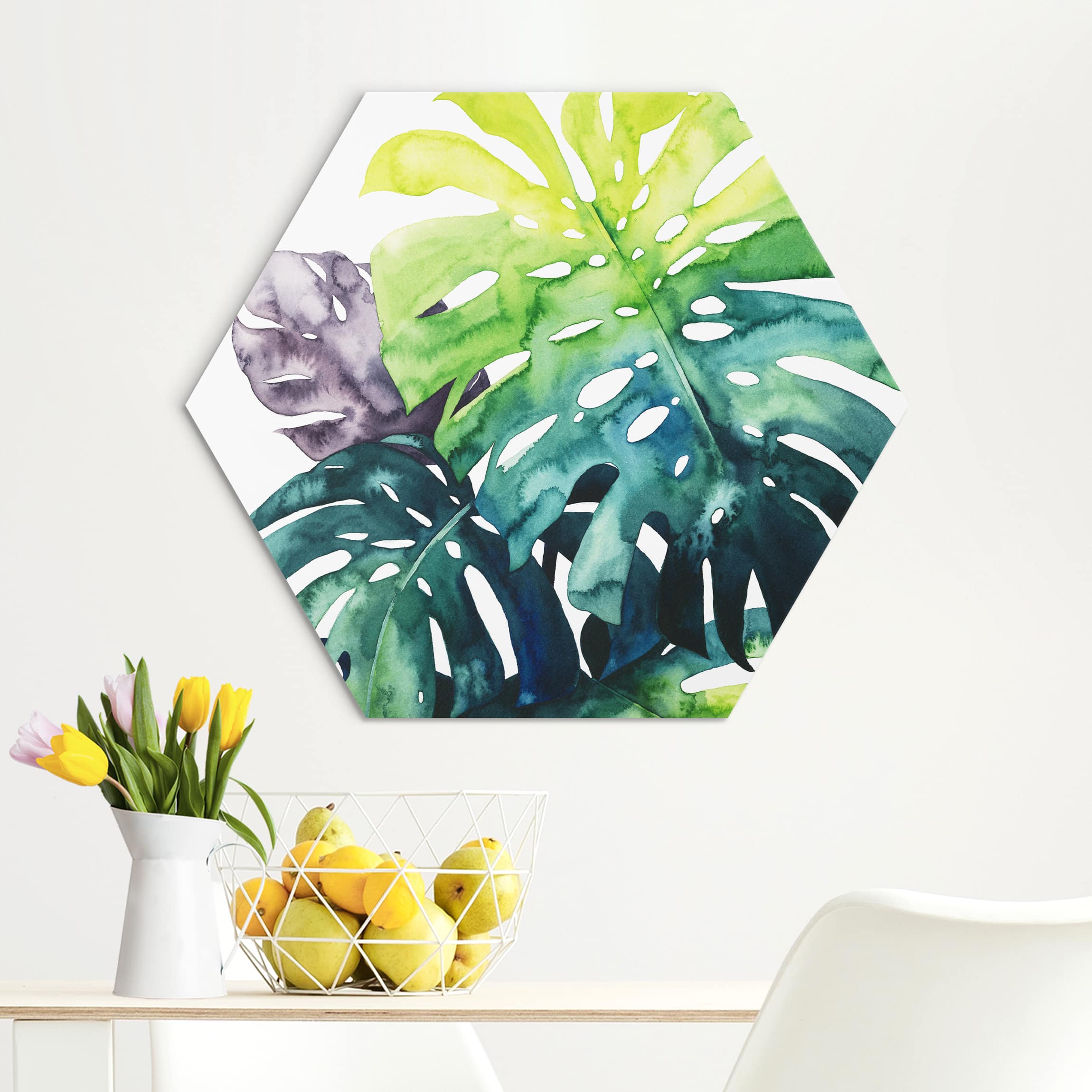 Hexagon-Alu-Dibond Bild Exotisches Blattwerk - Monstera