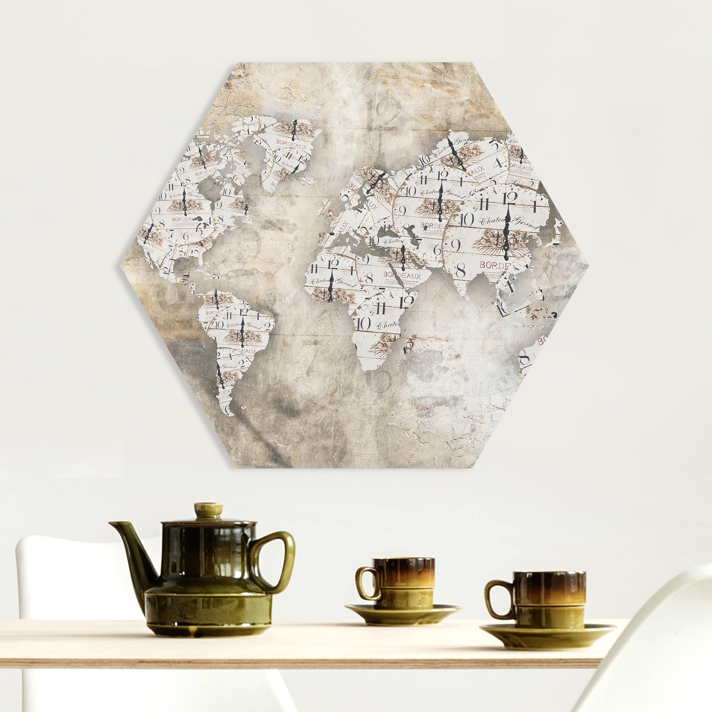 Hexagon-Forexbild Shabby Uhren Weltkarte