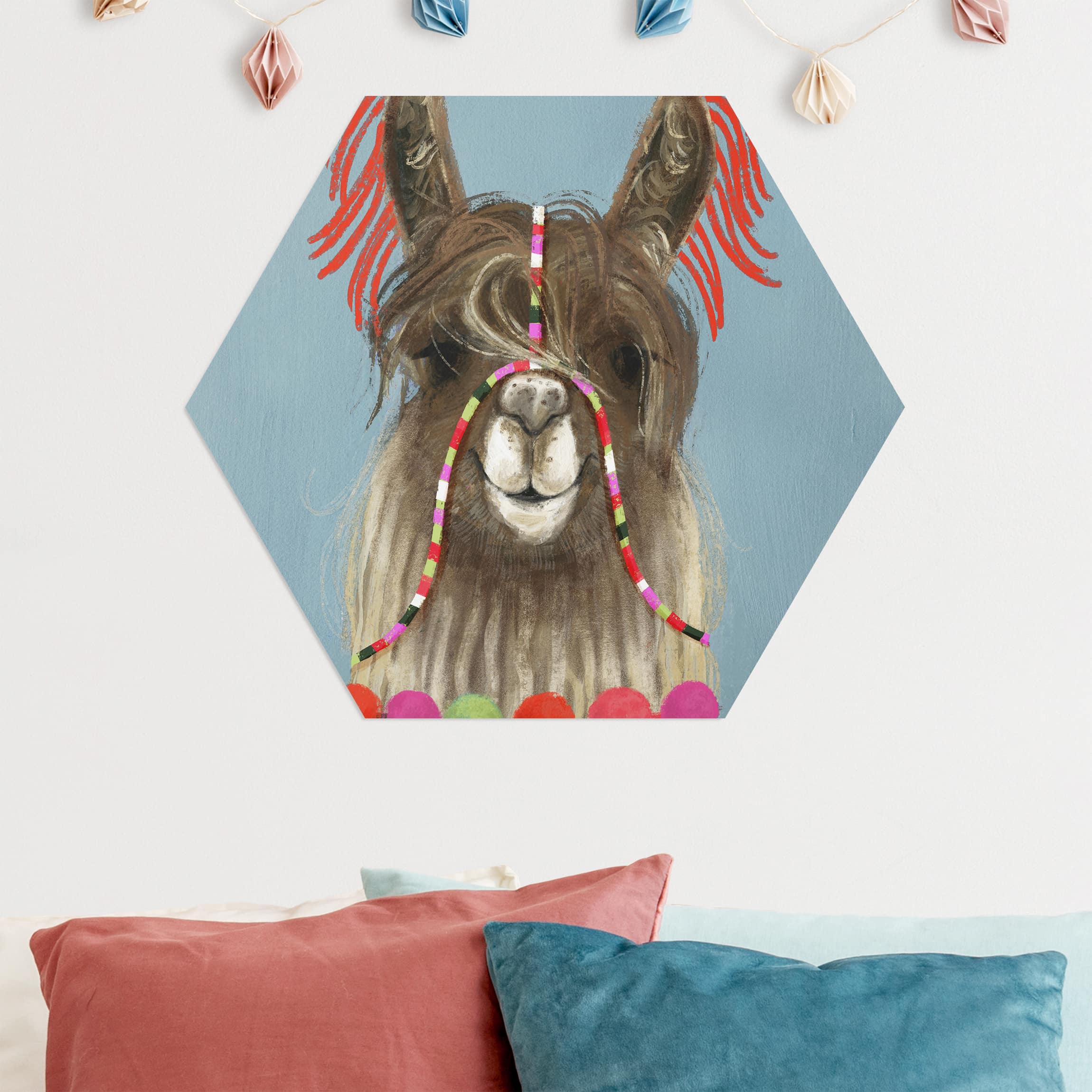 Hexagon-Alu-Dibond Bild Lama mit Schmuck I