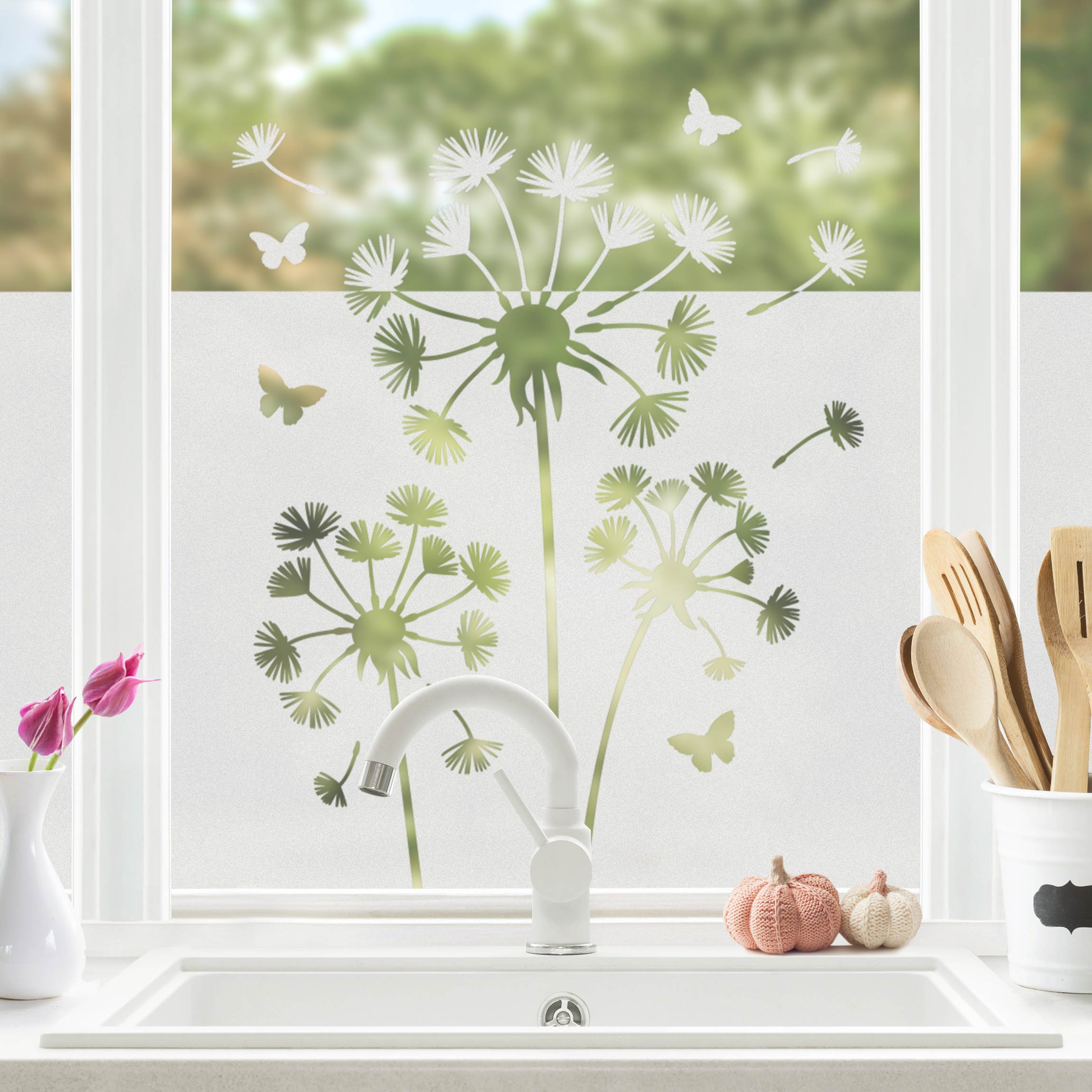Fensterfolie Sichtschutz Pusteblumen mit Schmetterlingen Bordüre