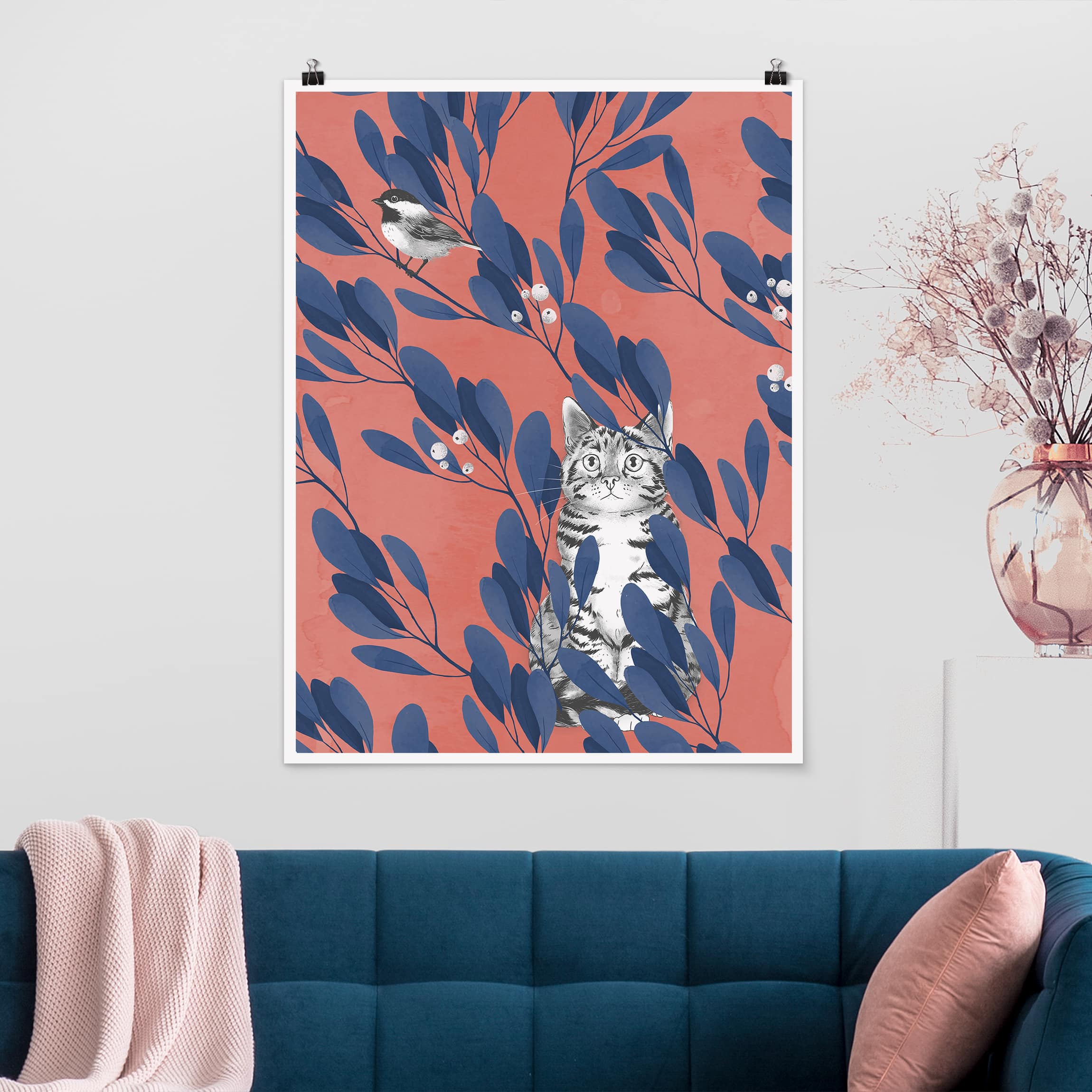 Poster - Hochformat Illustration Katze und Vogel auf Ast Blau Rot