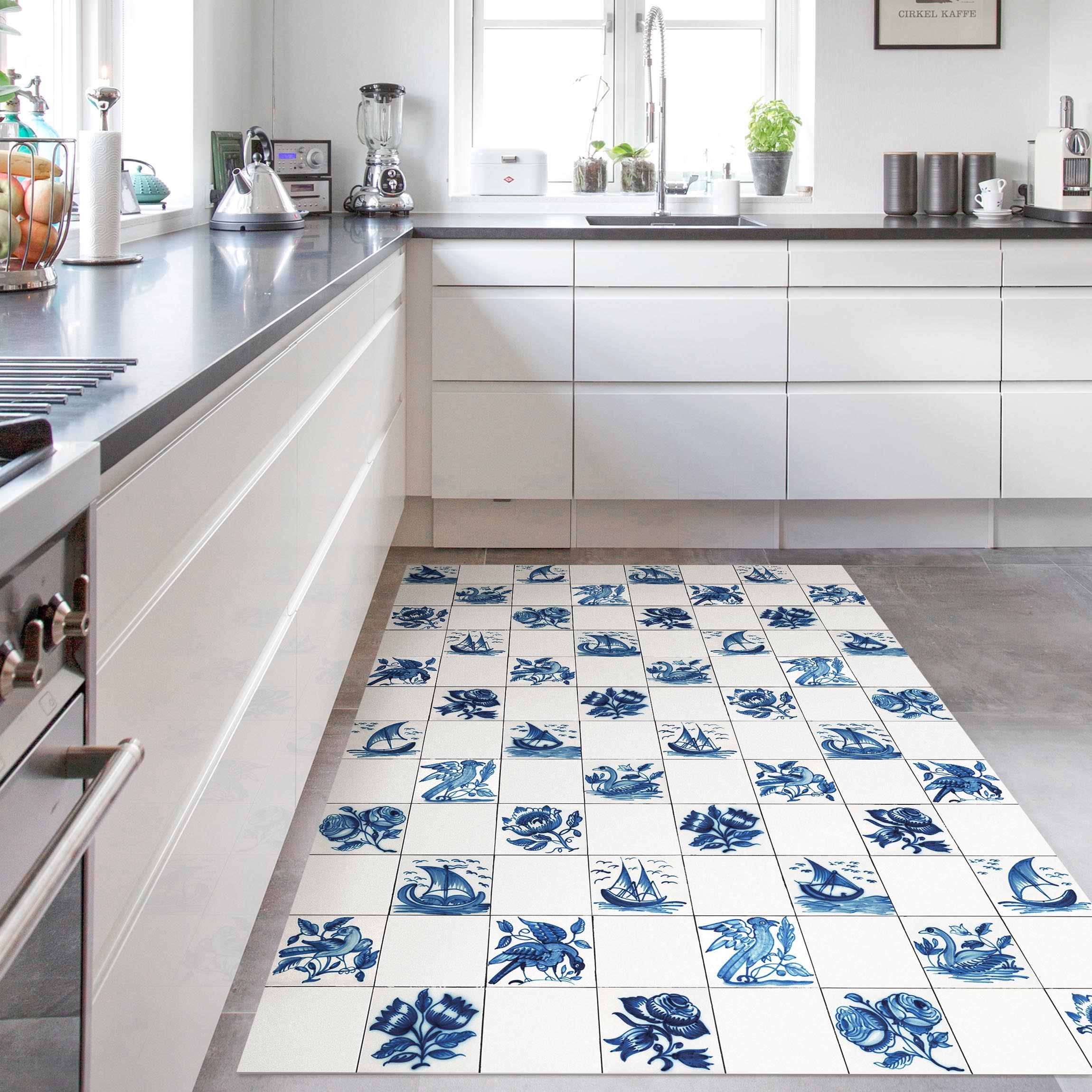 Vinylteppich Handgemalte Fliesen mit Blumen, Schiffen und Vögeln