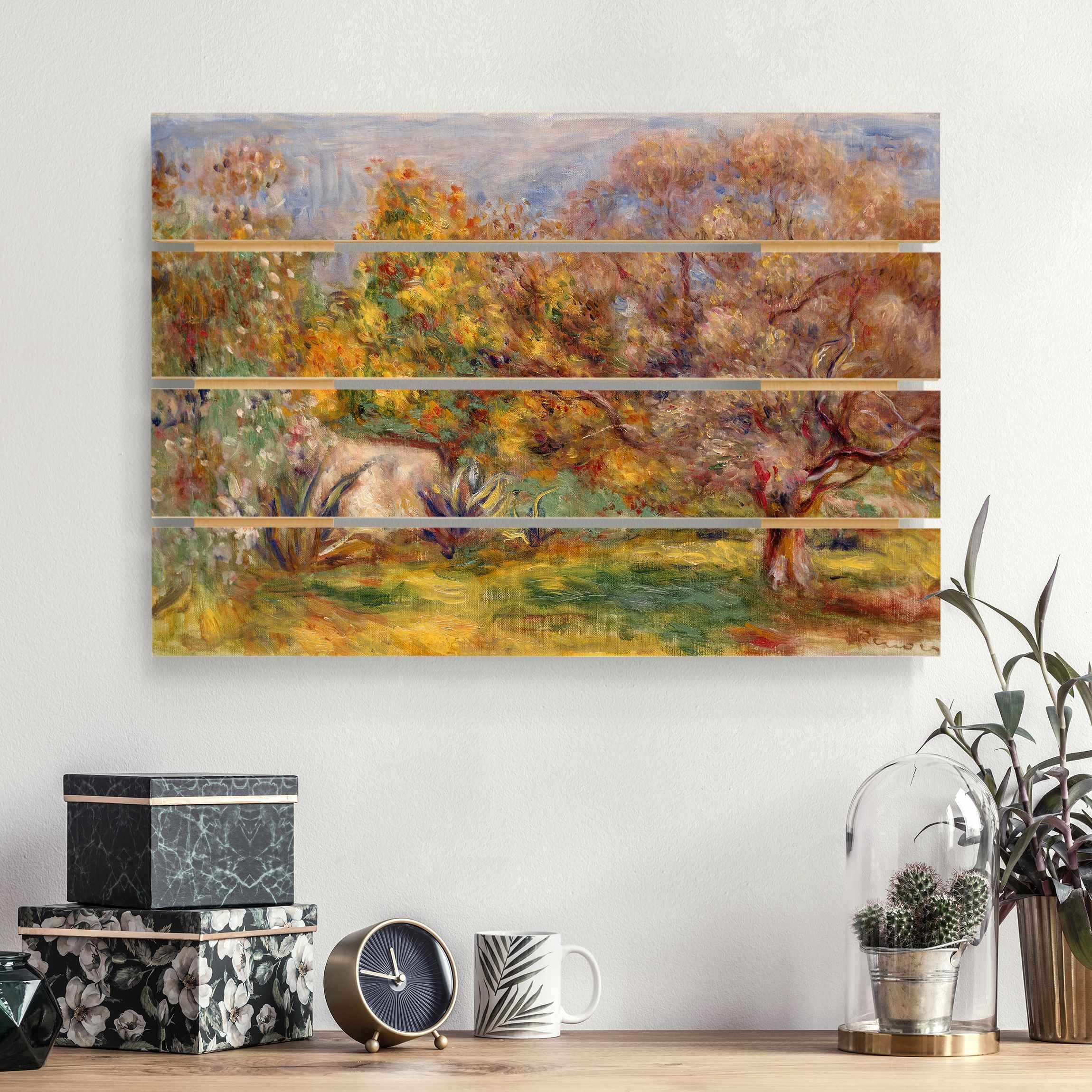 Holzbild Plankenoptik - Querformat Auguste Renoir - Garten mit Olivenbäumen