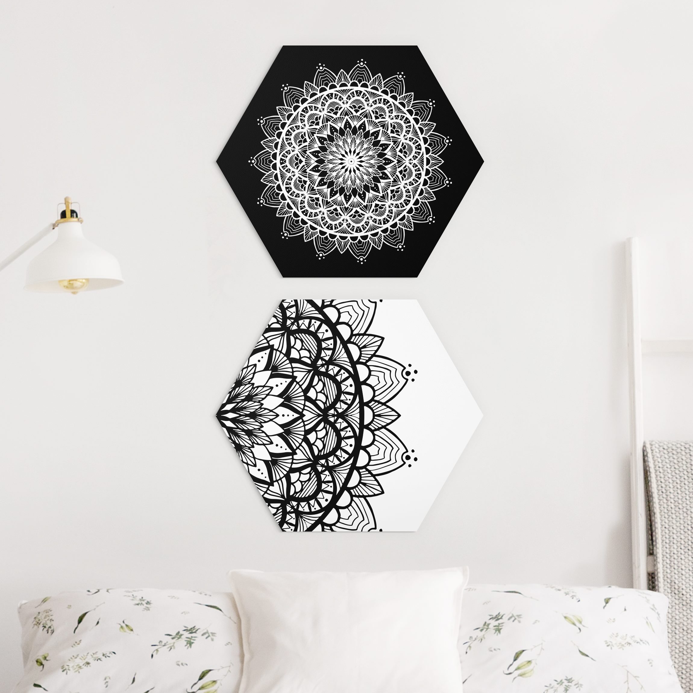 2-teiliges Hexagon-Alu-Dibond Bild Mandala Illustration shabby Set schwarz weiß