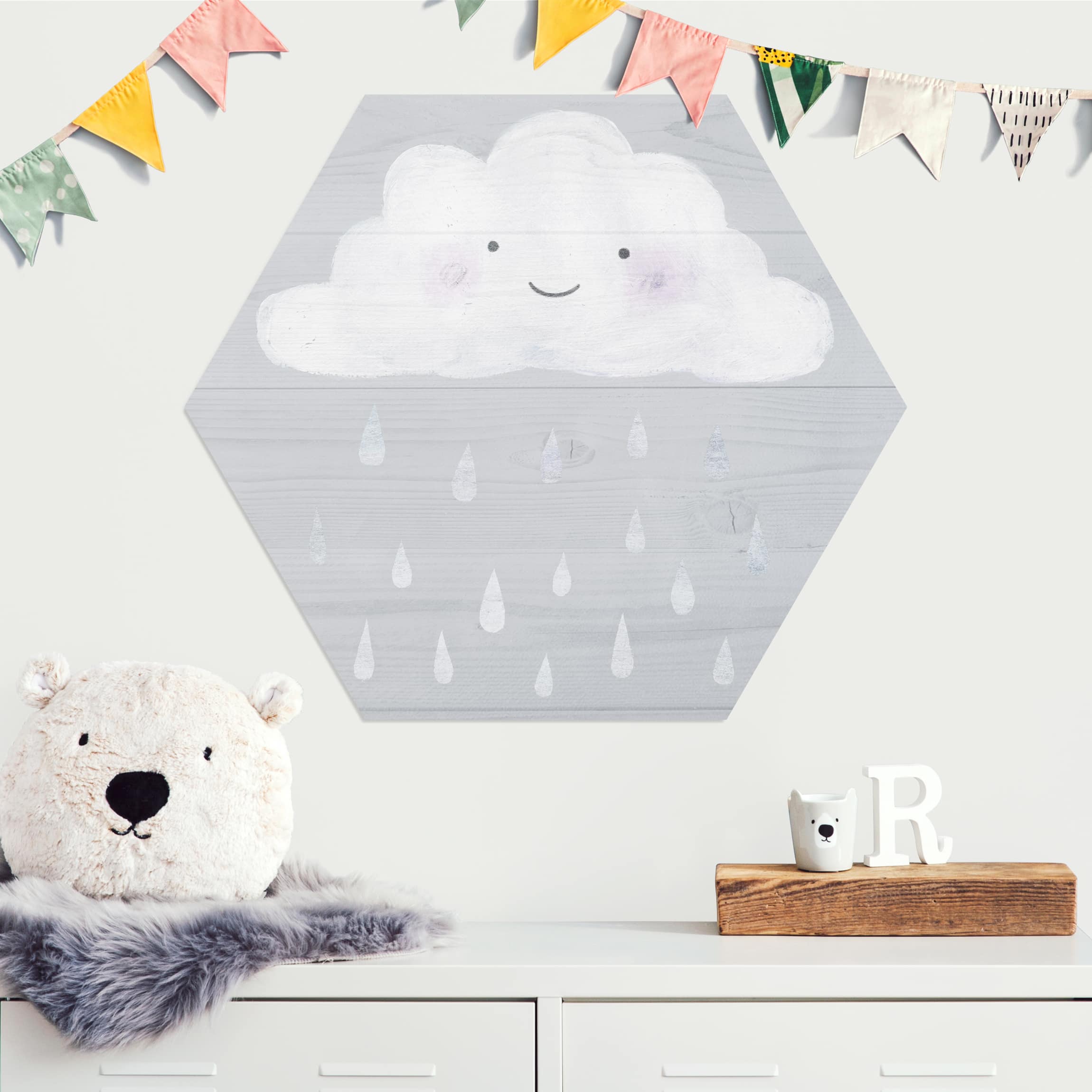 Hexagon-Alu-Dibond Bild Wolke mit silbernen Regentropfen