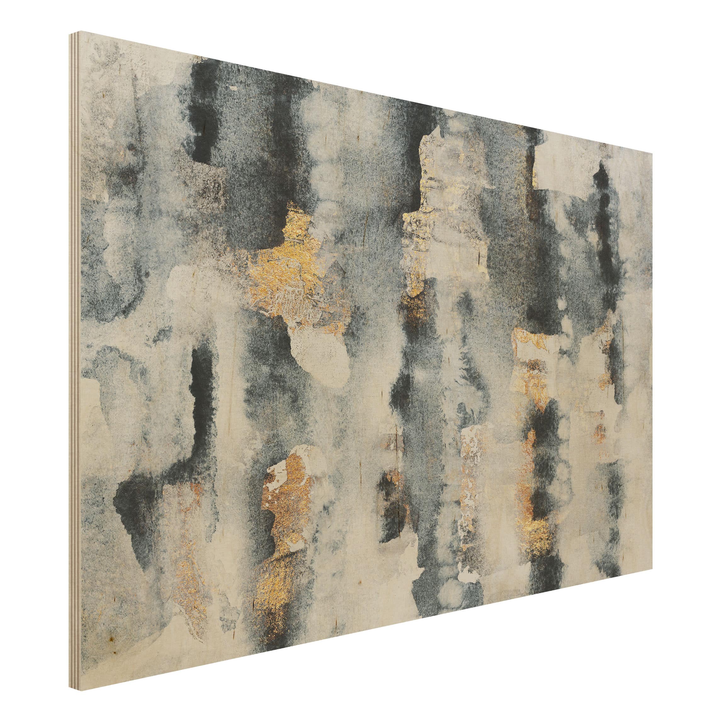 Holzbild - Querformat 3:2 Abstraktes Aquarell mit Gold