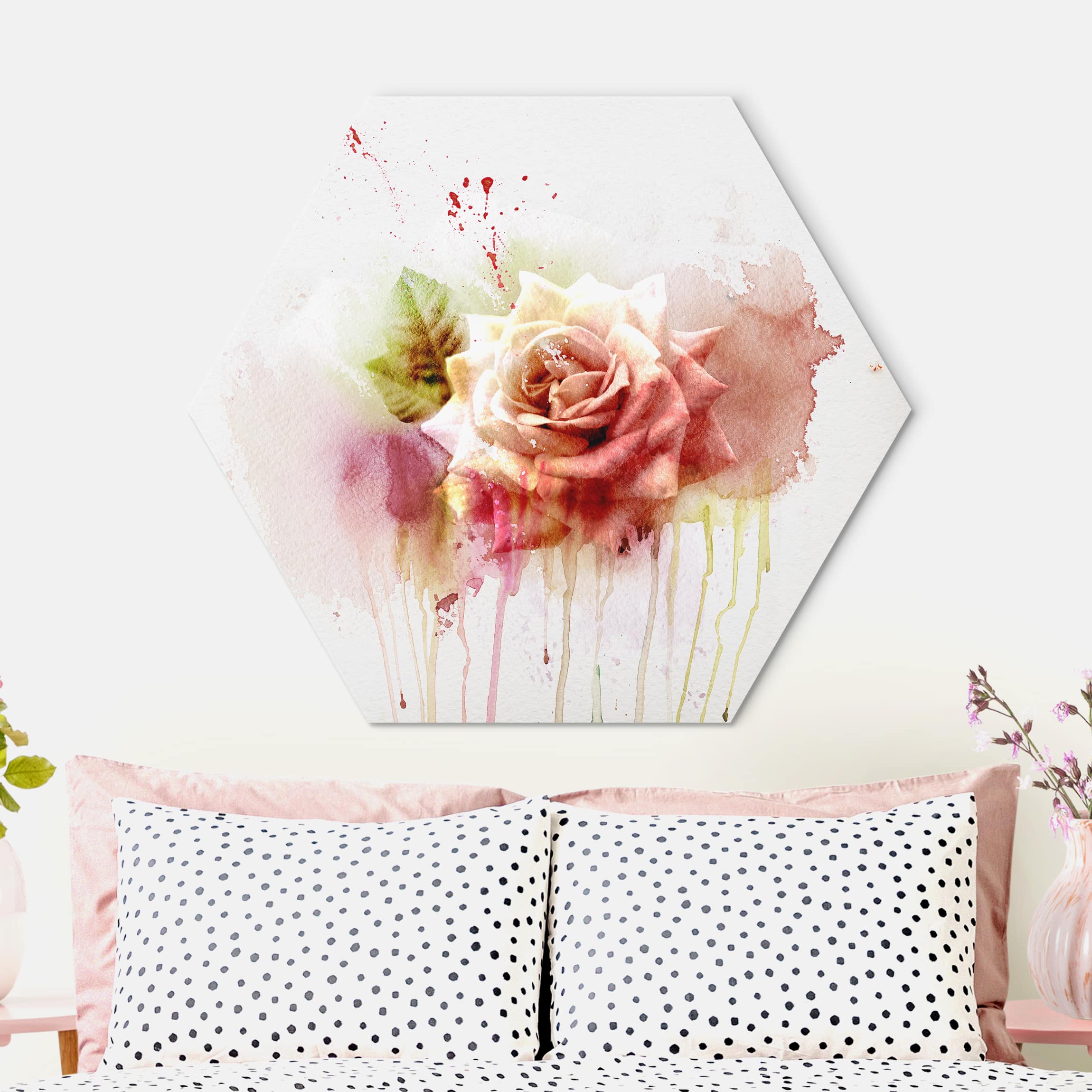 Hexagon-Alu-Dibond Bild Aquarell Rose