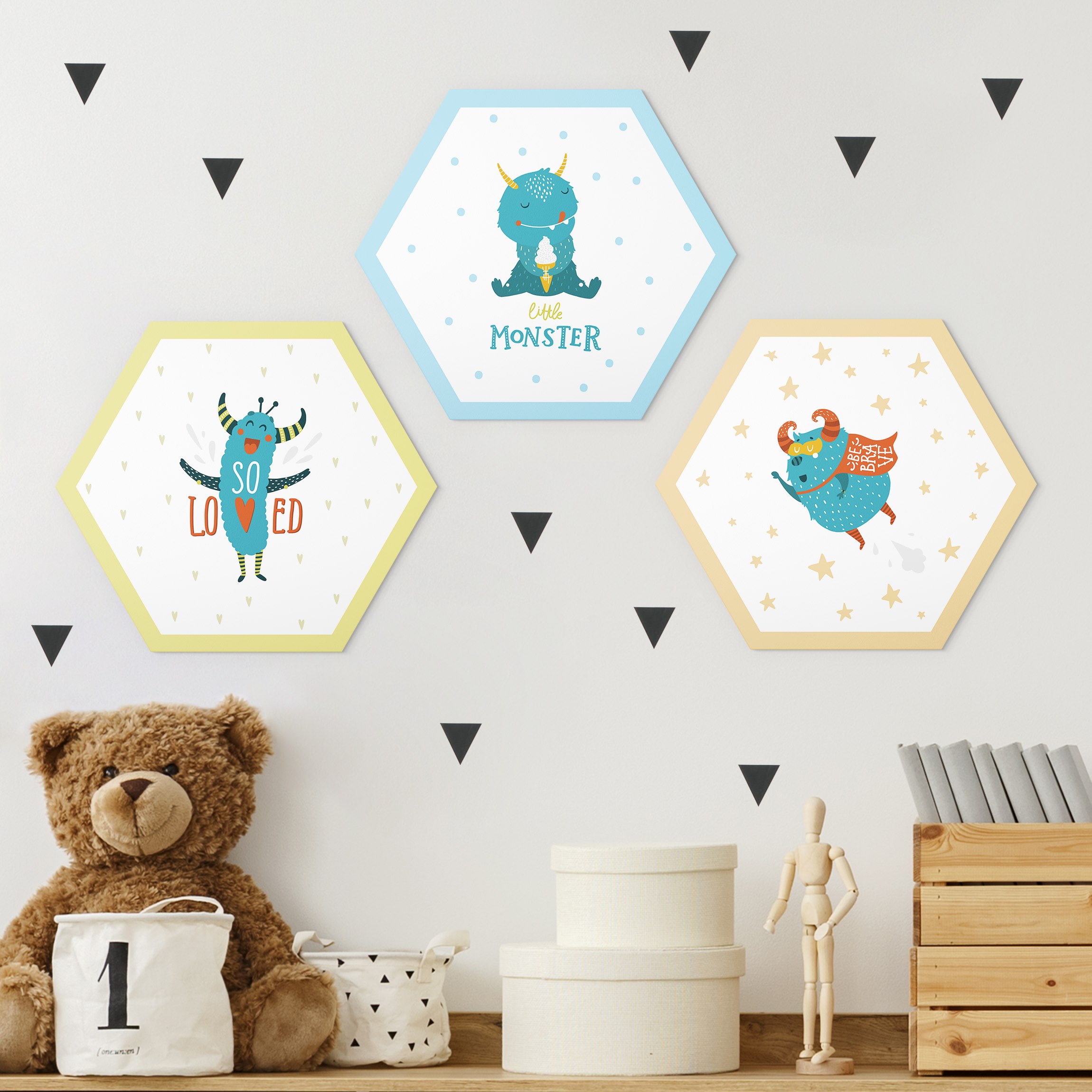 3-teiliges Hexagon-Alu-Dibond Bild Süße Monster Set III