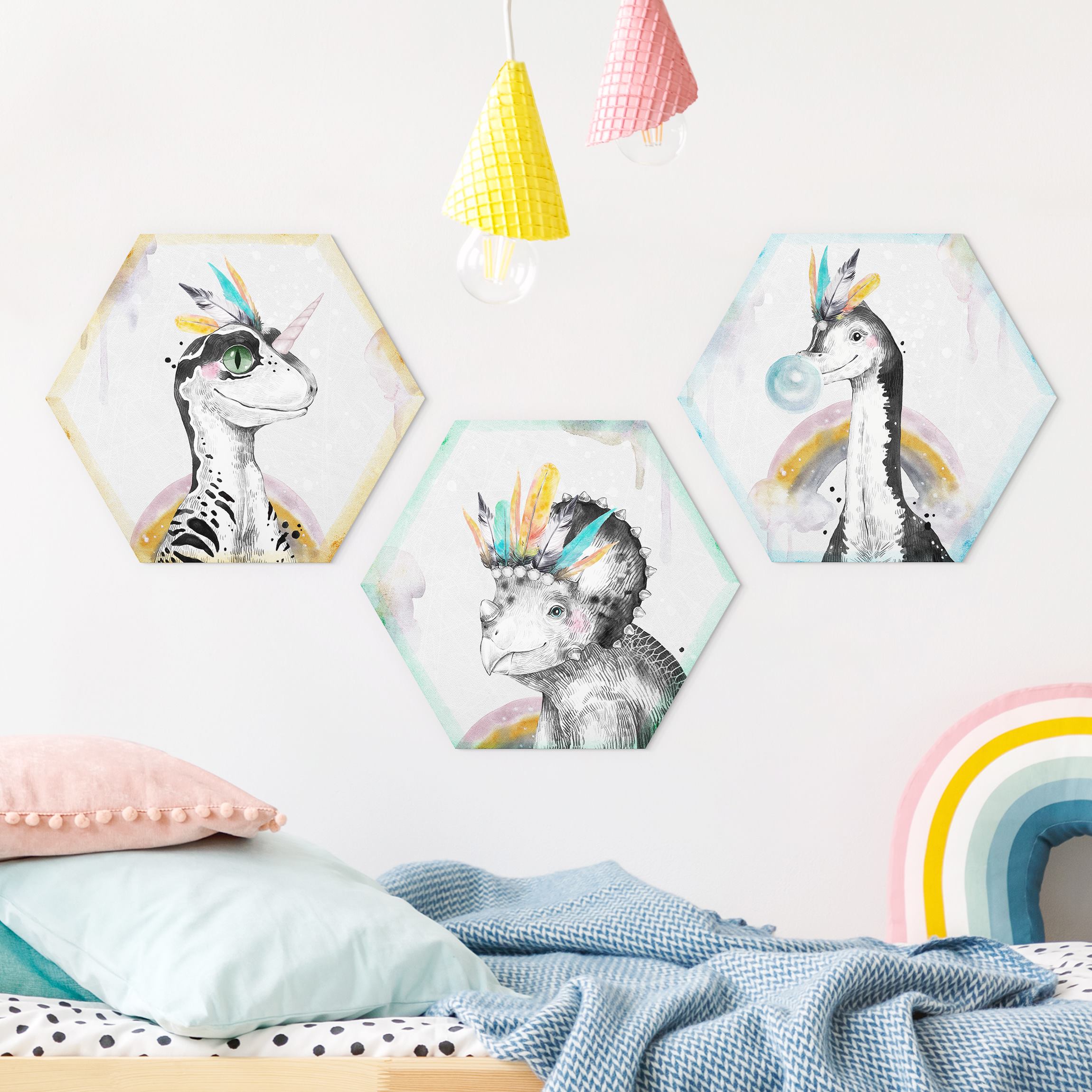 3-teiliges Hexagon-Alu-Dibond Bild Dinosaurier Indianer Set