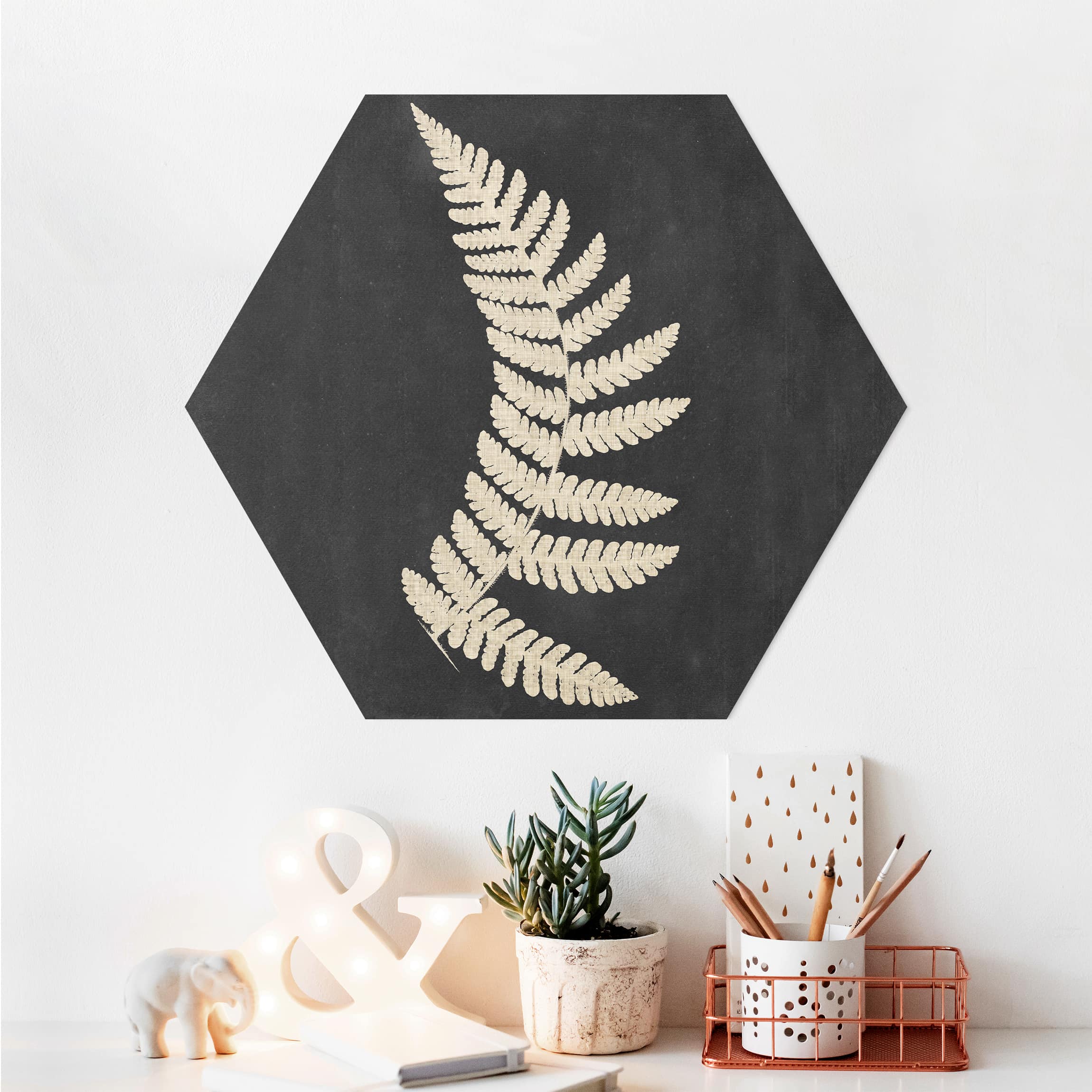 Hexagon-Alu-Dibond Bild Farn mit Leinenstruktur IV