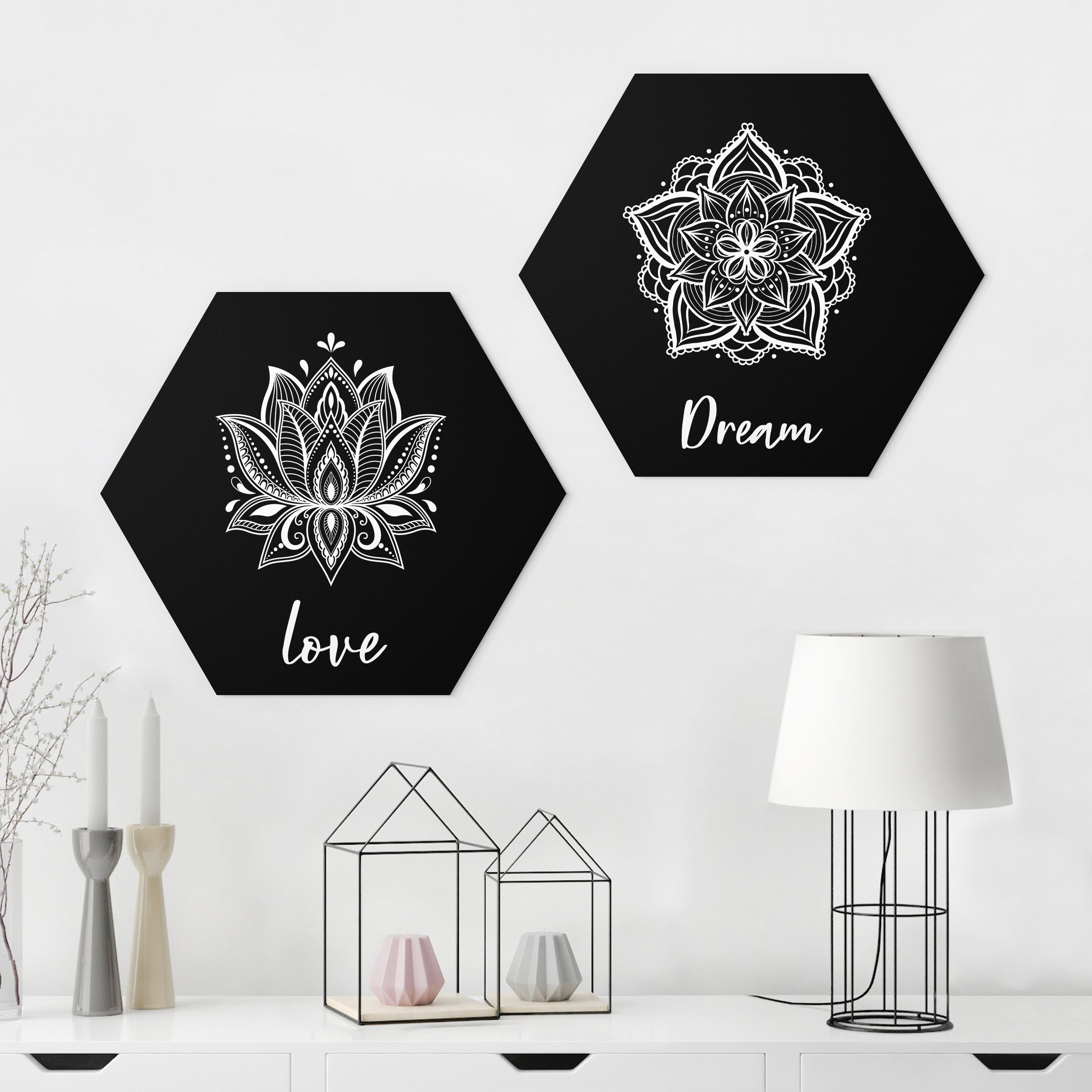 2-teiliges Hexagon-Alu-Dibond Bild Mandala Dream Love Set Schwarz