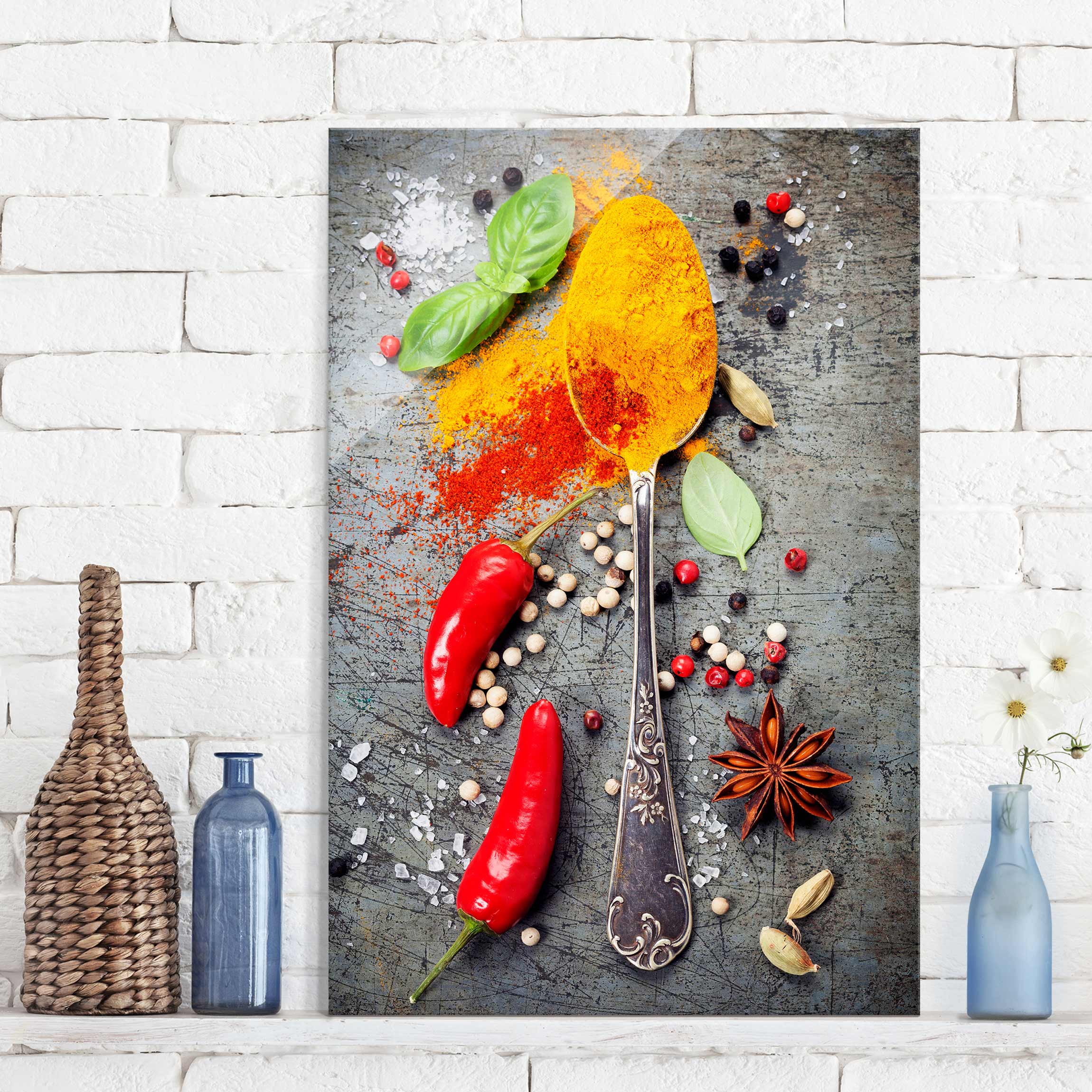 Glasbild Küche Löffel mit Gewürzen