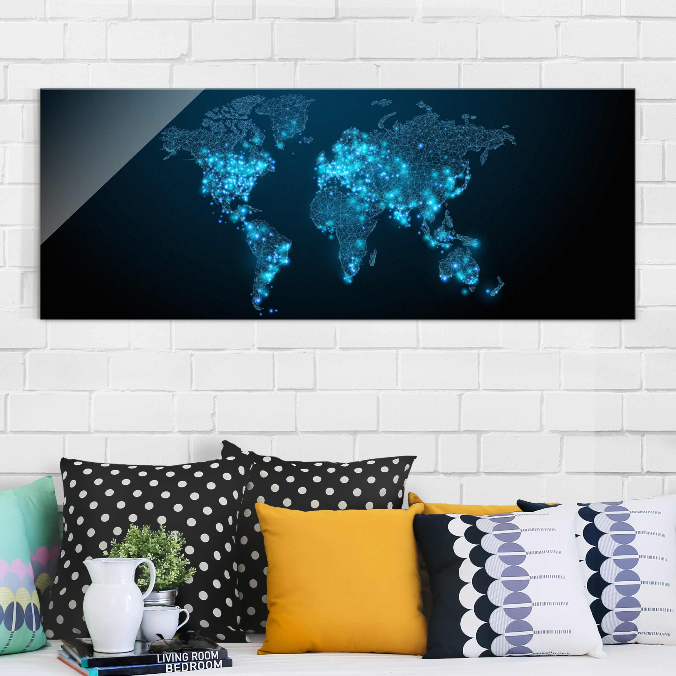 Glasbild - Panorama Connected World Weltkarte