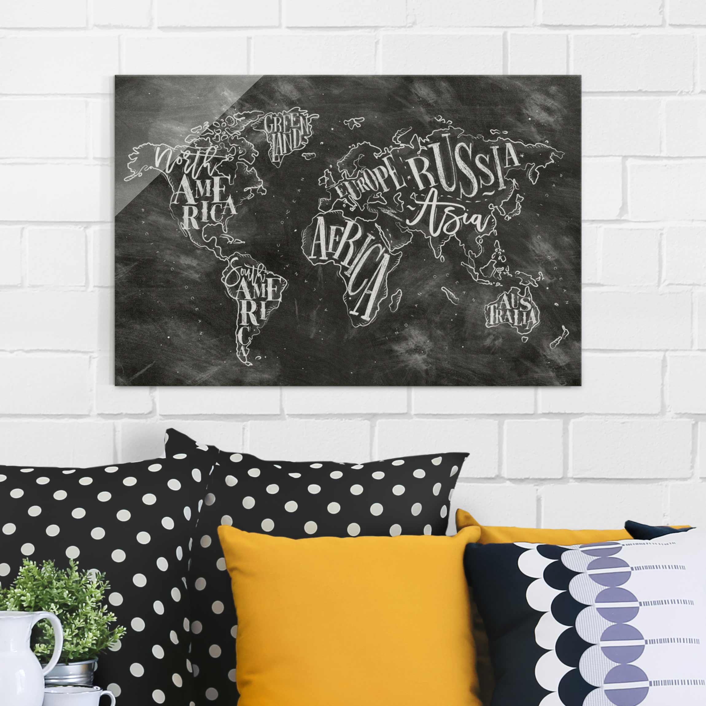 Glasbild Weltkarte Kreide Weltkarte