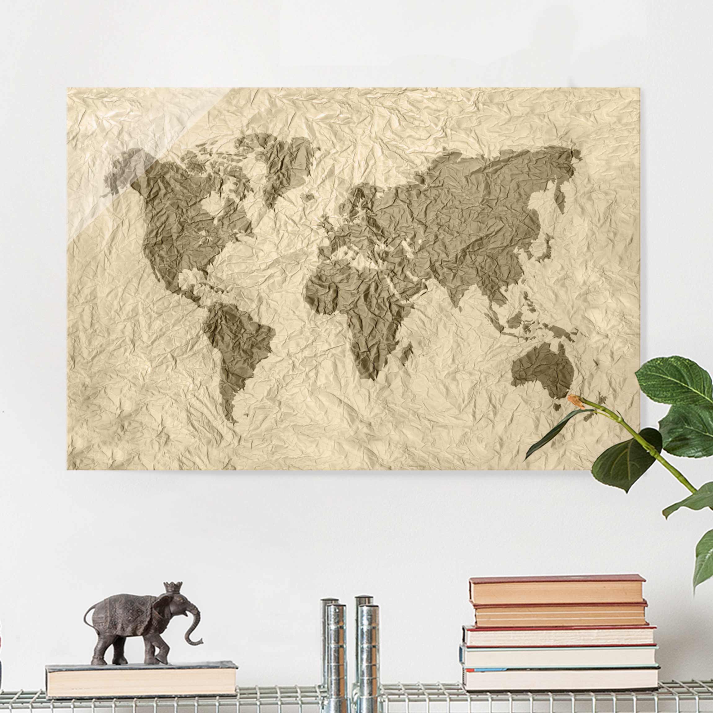 Glasbild Weltkarte Papier Weltkarte Beige Braun
